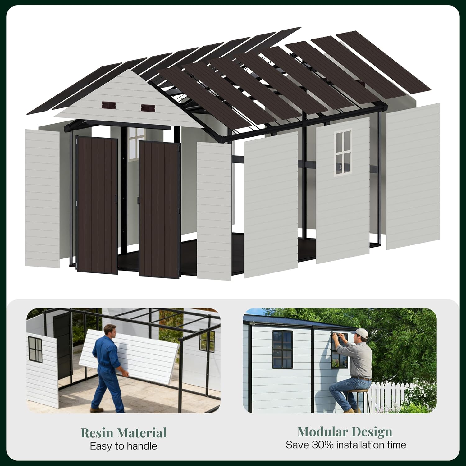 Jocisland 8x13.5x7.5 FT Resin Storage Shed with Floor, Lockable Outdoor Storage Shed with 2 Windows, Vents, All-Weather Use Plastic Structure for Backyard, Garden, Patio and Lawn – White & Brown