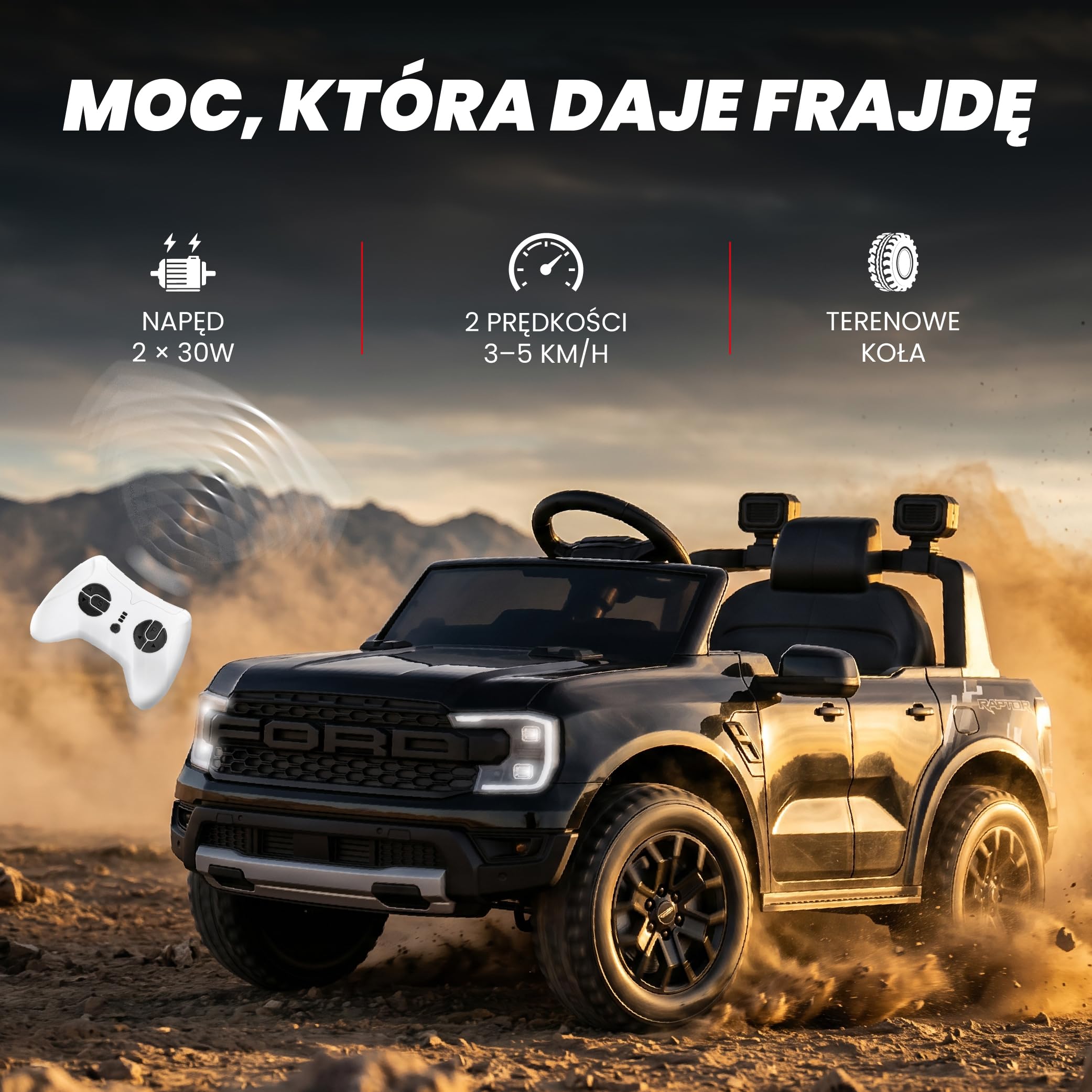 SUN BABY Ford Raptor - Auto na Akumulator dla Dzieci 3-6 Lat, Samochód Elektryczny 12V 4,5Ah, Pilot Zdalnego Sterowania, MP3, Światła LED, Amortyzatory - Czarny