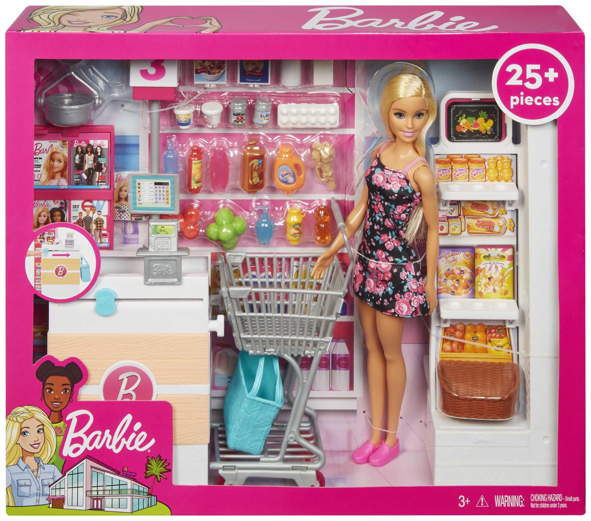 Barbie Mobilier Coffret Supermarché fourni avec poupée à robe fleurie, rayon de marchandise, caisse et accessoires, jouet pour enfant, FRP01 | Avec chariot roulant et ceinture de travail