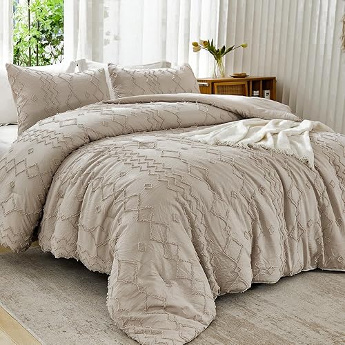 Andency Comforter King Size Set Khaki, 3 Pieces Boho Tufted Fall Bedding Comforters & Sets for King Bed, Soft Fluffy Tan Bed Set (104x90In Comforter & 2 Pillowcases)