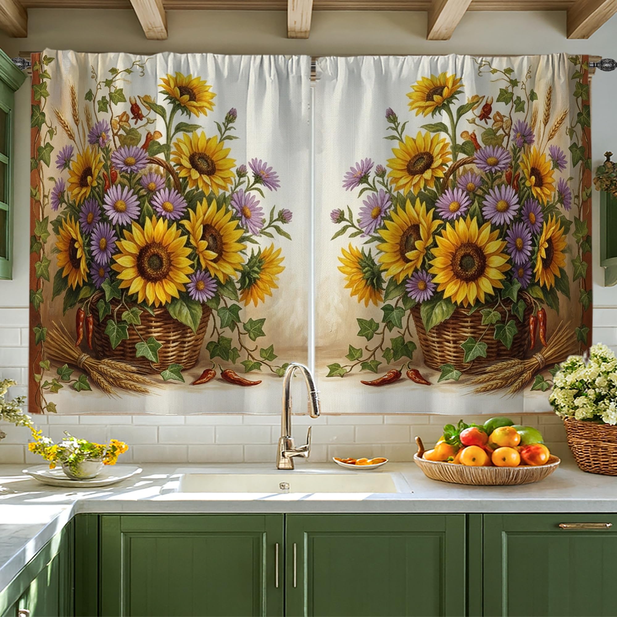 Rideaux de cuisine motif tournesol en textile tamisant haut de gamme