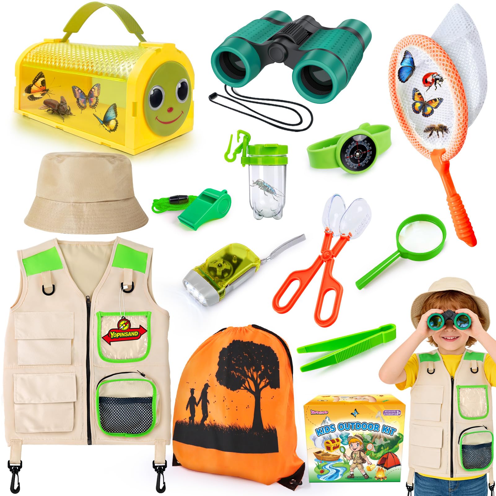 YOPINSAND Kids Explorer Kit & Bug Catcher Kit, 13 Pcs Kids Camping Gear, Outdoor Exploration Set with Vest & Hat, Toy Cage, Backpack, Ideal Outdoor Camping Adventure Toys for Boys Girls