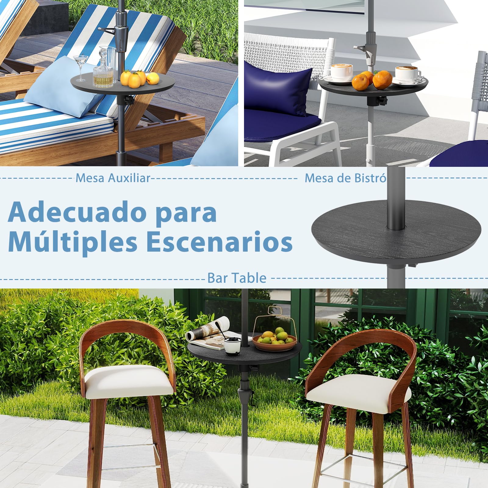 COSTWAY 50 cm Mesa para Sombrilla Ajustable para Exteriores, Bandeja Redonda para Sombrilla de 38 mm y 48 mm, Mesa Lateral Portátil y Ligera para Piscina Playa Jardín (Negro)