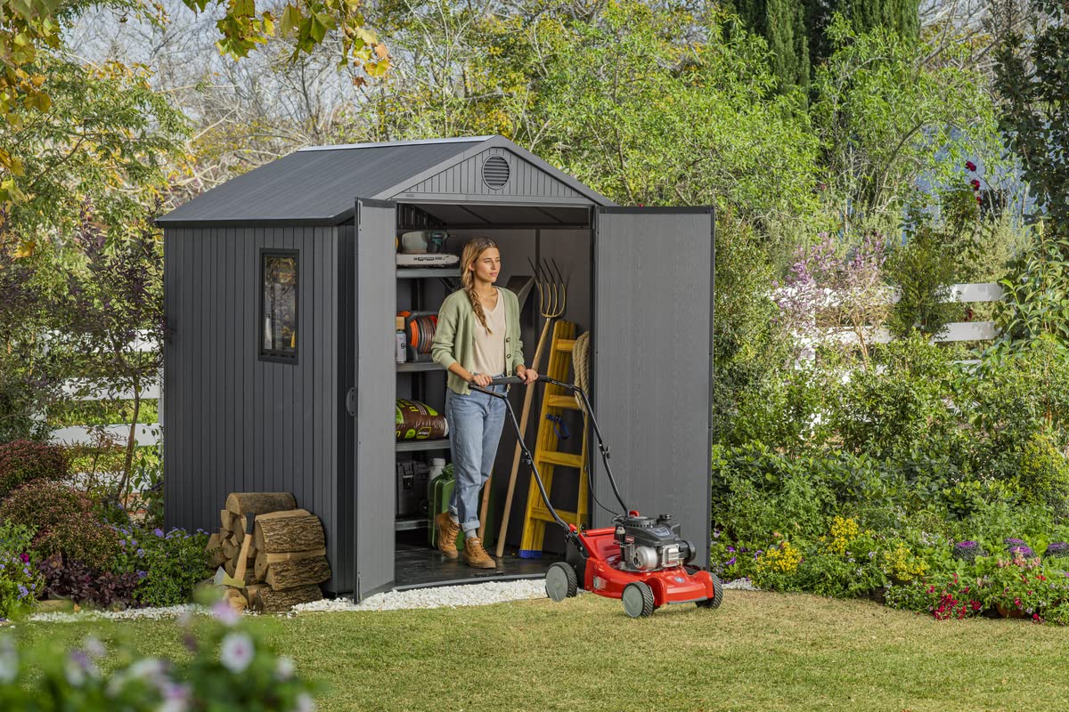 Keter Darwin Caseta de Jardín Exterior Gris, 190x183x221. 3,3m2, Efecto Madera, Resistente a UV, con Ventilación (6x6)