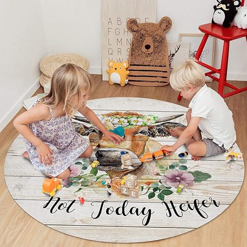 Miniatura 3 de Round Area Rug 3 Ft for Bathroom Collection Room Area Floor Mat Farms Cows Flowers Interesting Text Not Today Heifer Wood Grain Non-Slip and