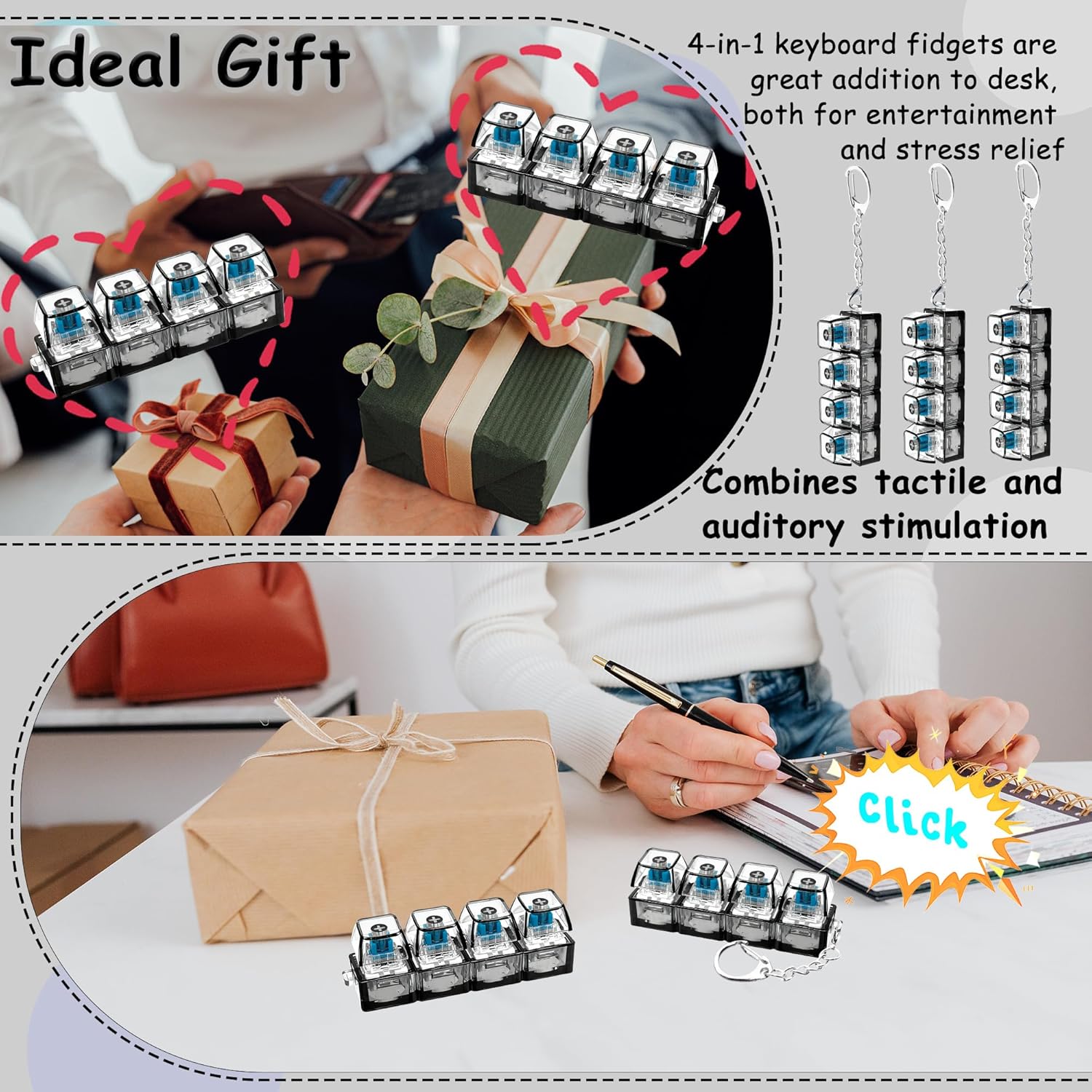 3 PCS Keyboard Fidget Toy, Keyboard Fidget Keychain 4-in-1 Keyboard Decompression Button Finger Clicker Toys, Button Stress Relief Fidget Valentines Gifts Stuffers for Kids Women(Tran Black)