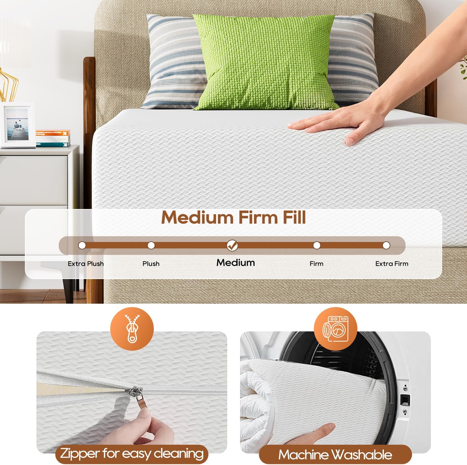 FDW 12 Inch Twin XL Mattress, Medium Firm Base Foam, Breathable & Comfortable with Removable Washable Zipper Cover, Bed in a Box, CertiPUR-US Certified, White