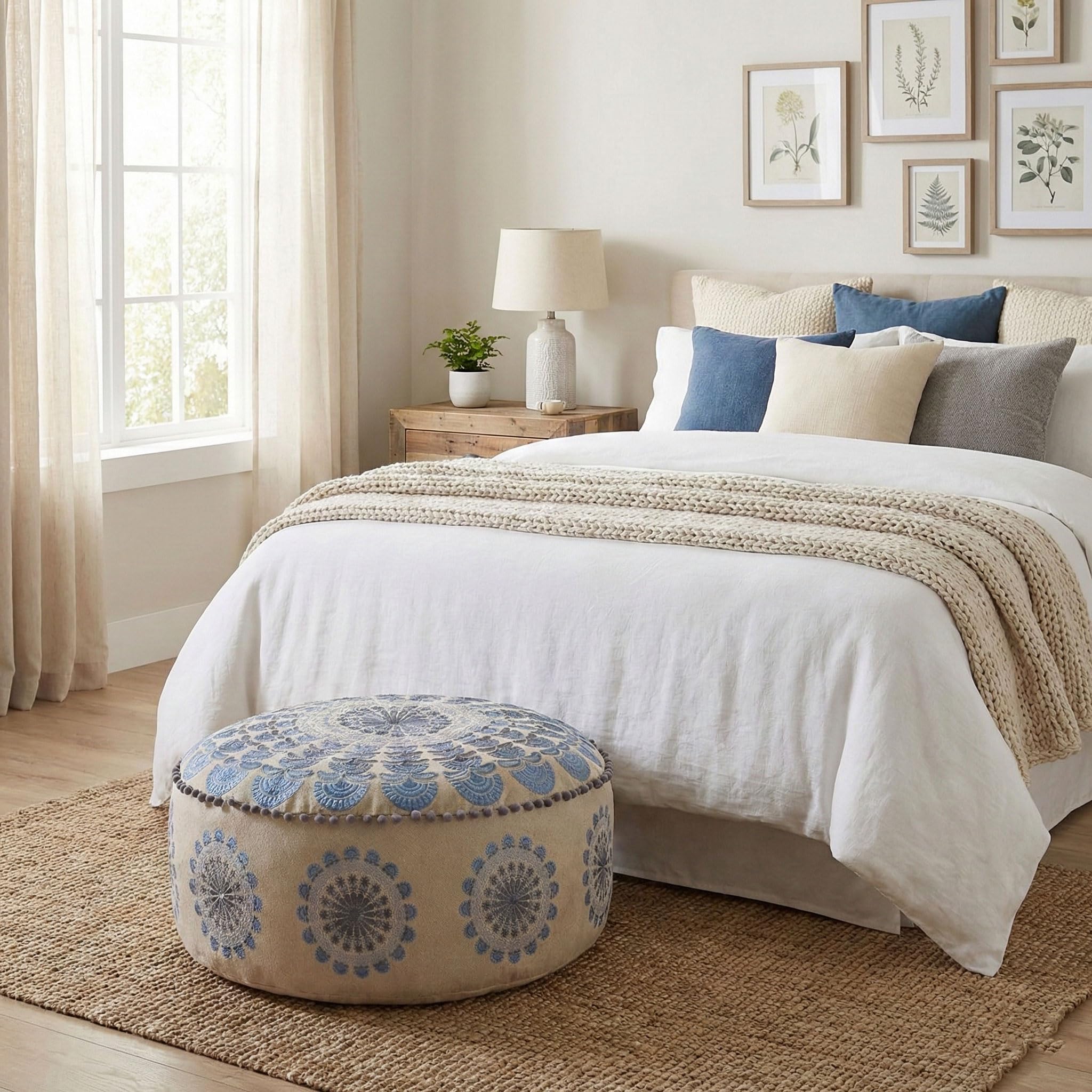Mandala Life ART Blauer Pouf Rund Mit Ponpon Sitzpouf Groß Dekorist Cozy Groß Bodenkissen Boho Haustierbett Orientalische Sitzecke 100% Baumwolle Ungefüllt 60X20Cm