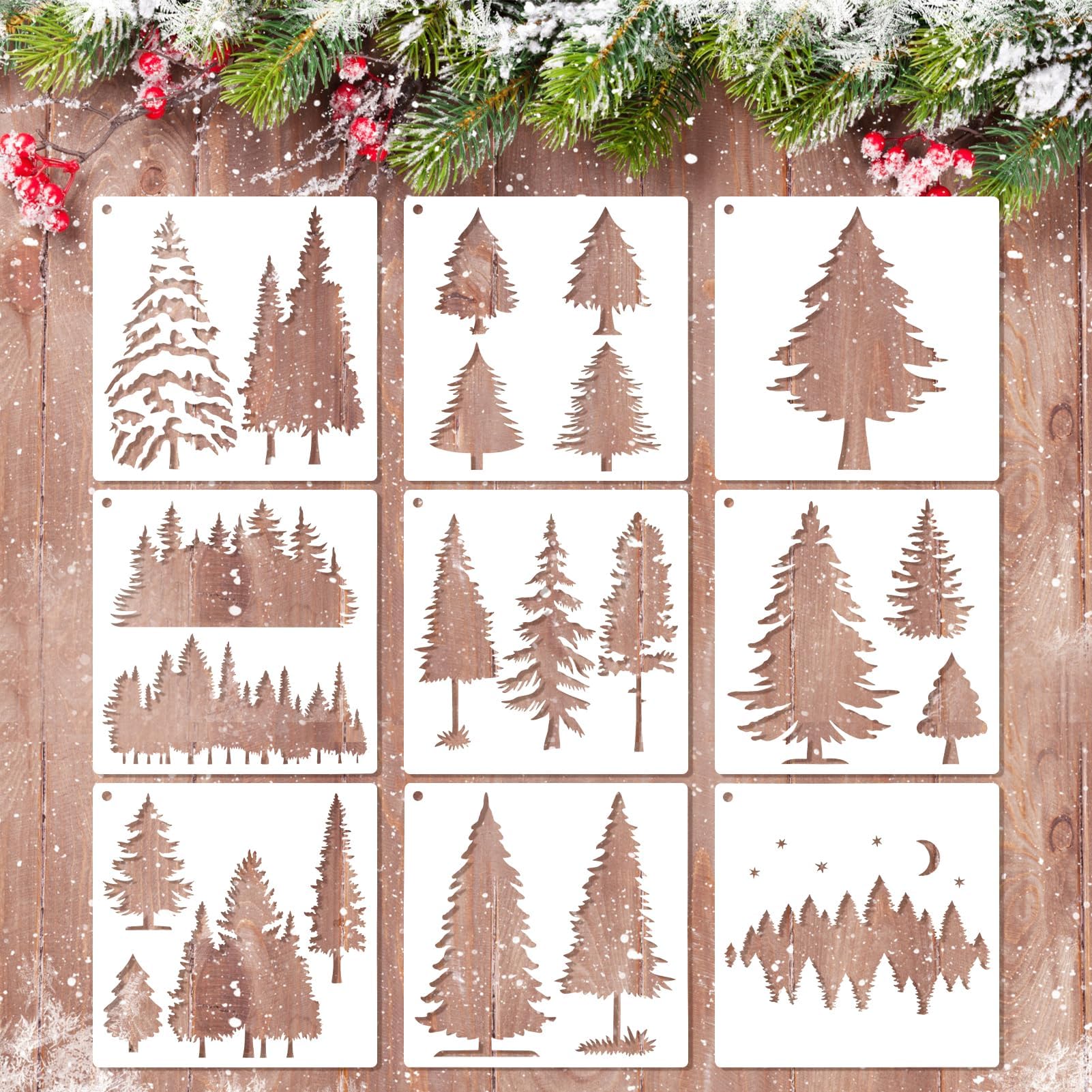 MWOOT 9 Pieces Xmas Tree Stencils for Crafts Reusable, DIY Pine Tree Painting Templates Kit, Window Stencils Drawing Paint Stencil Arts for Painting on Wood Wall (15x15 CM)