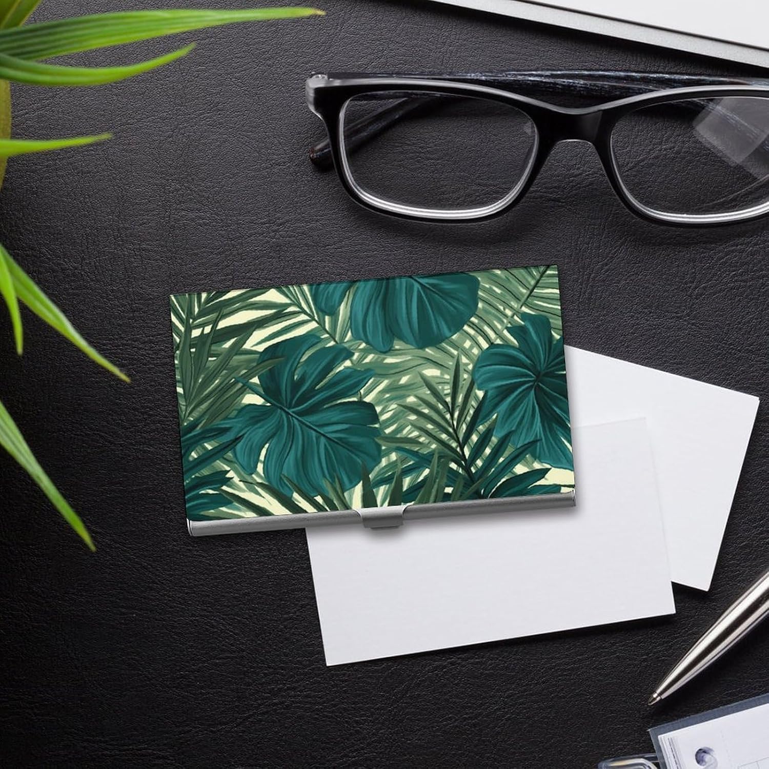 Tropical Palm Leaf Business Card Case Metal Slim Business Card Holder Professional Name Card Holder Pocket Metal Case Business Card Wallet Pocket Wallet Name Card Case for Women Men