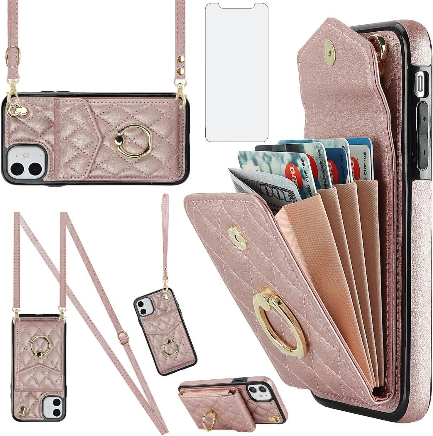 Asuwish Phone Case for iPhone 12 Mini 5.4 Wallet Cover with Tempered Glass Screen Protector and Wrist Strap Ring RFID Blocking Credit Card Holder Cell iPhone12mini 5G i 12s iPhone12 12mini Women Black