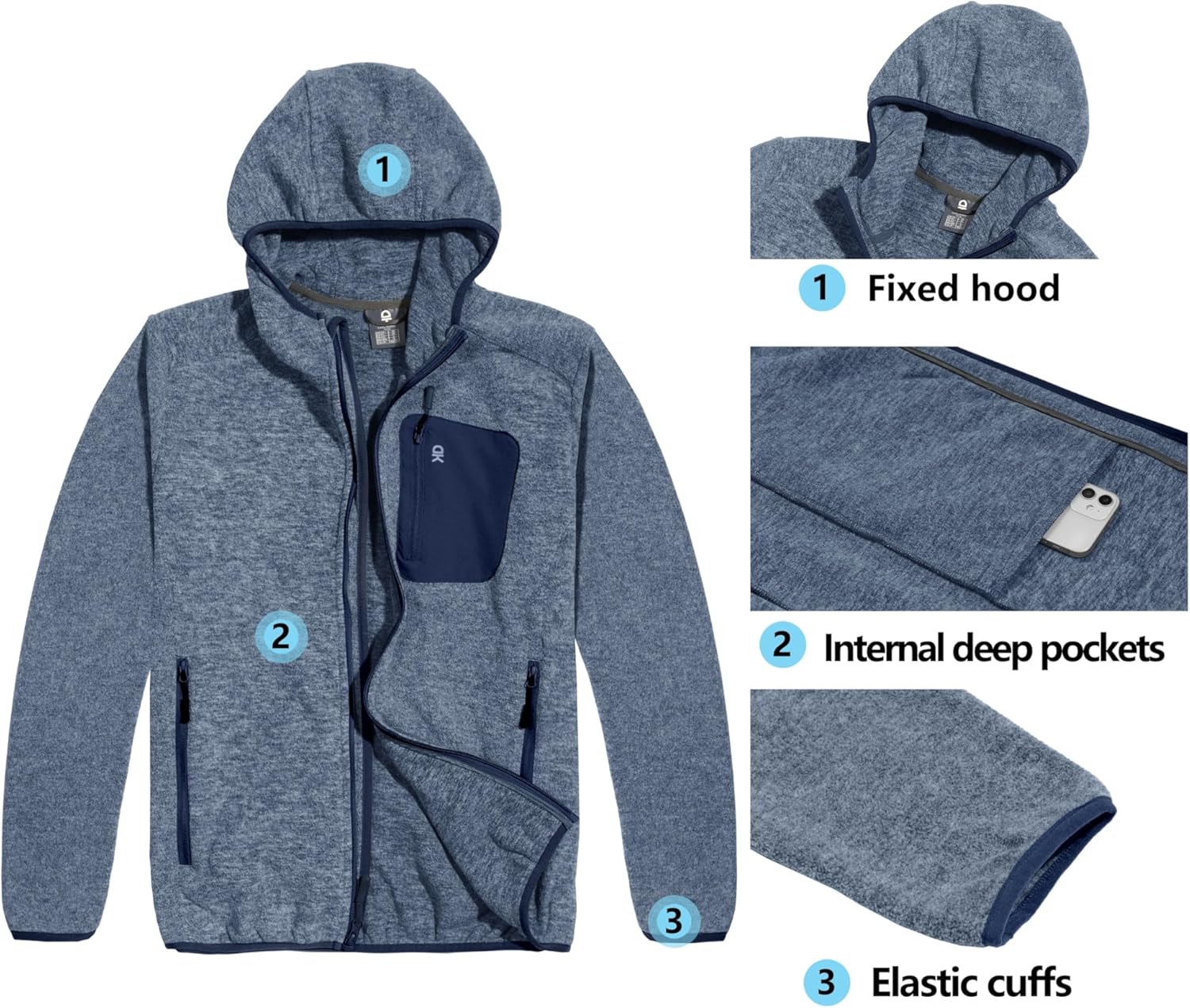 Little Donkey Andy Men's Lightweight Warm Polar Fleece Running Jacket Hooded Full Zip Hiking Golf Casual Jacket