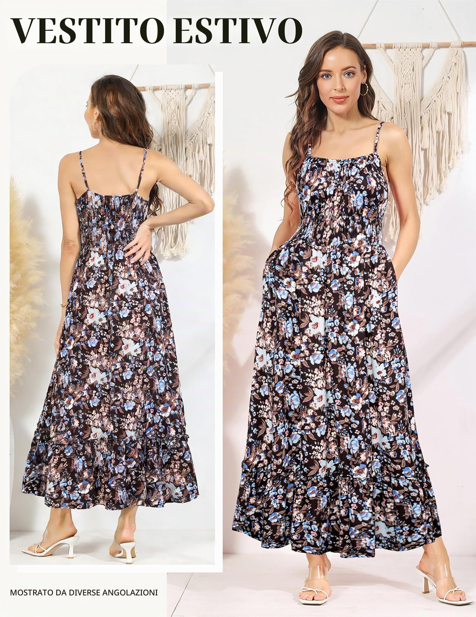 GRACE KARIN Womens Summer Maxi Dress Casual Sleeveless Spaghetti Strap Smocked Ruffle A Line Beach Long Dress with Pockets