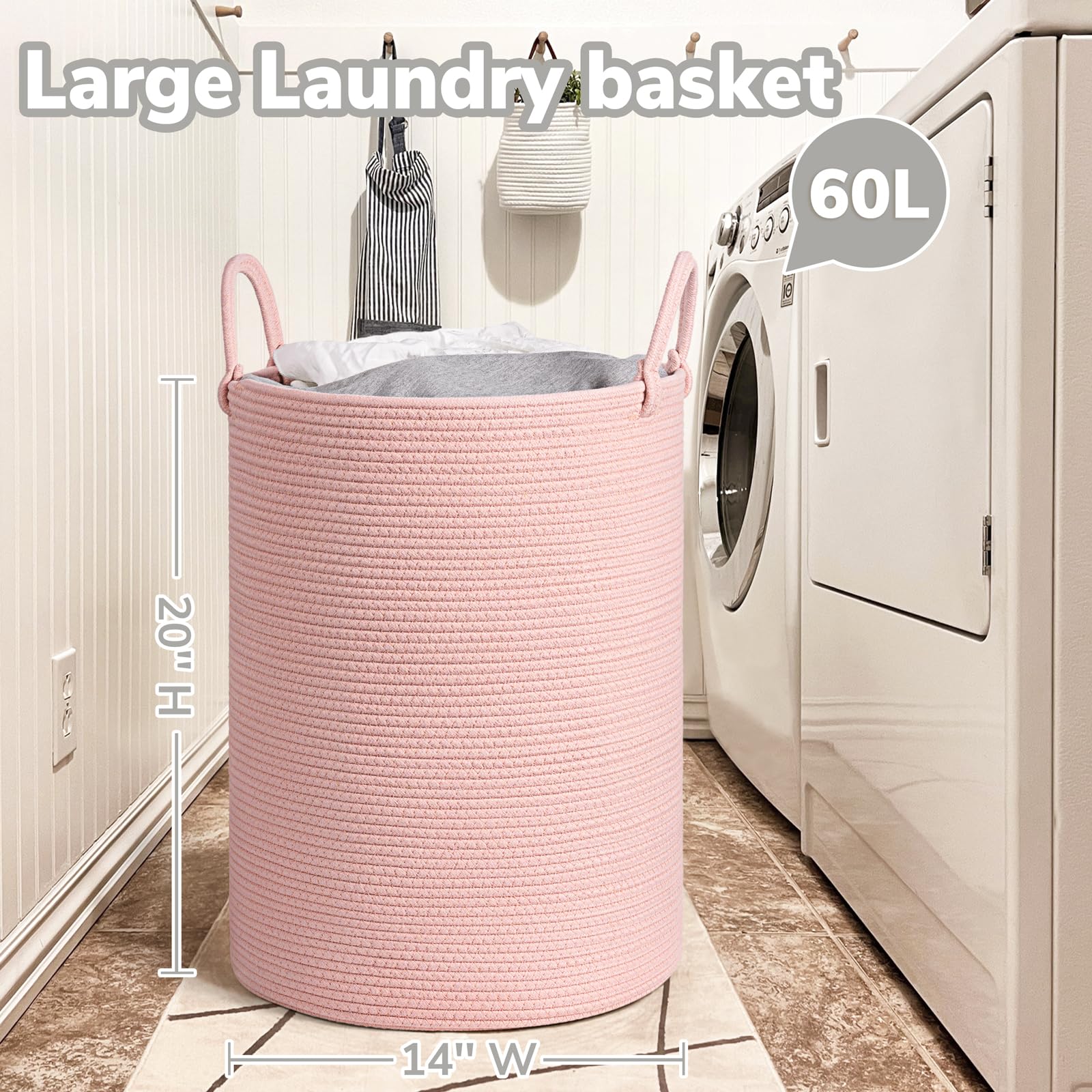 Pink Laundry Basket for Kids Laundry Hamper for Nursery Woven Rope Storage Baskets for Living Room Girls room Tall Basket for Blanket Storage Toys Bin 35 x 50 cm - Image 3