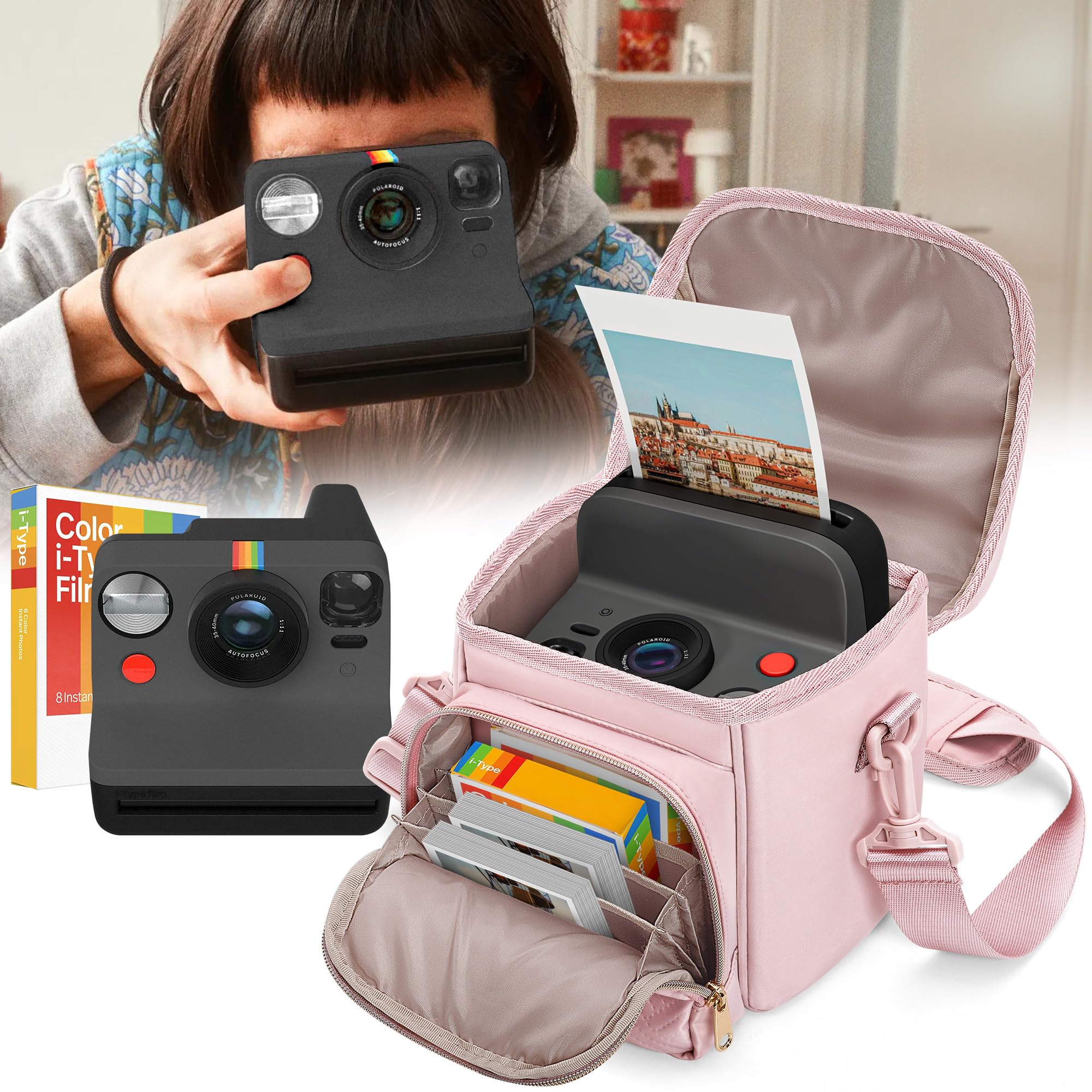 Borsa a Tracolla per Polaroid, con Scomparto per Pellicole, Rosa | Compatibile con le Serie Polaroid Now I-Type / Now+ I-Type / OneStep+ / OneStep 2 VF / Flip / Go