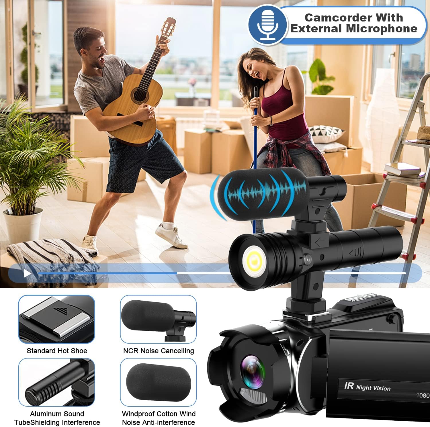 2.7K Video Camera, Night Vision Camcorder Digital with IR Light, 24X Digital Zoom, 270 YouTube Vlogging Camera Recorder, Support Full HD 1080P 3.0 Camcorder with Microphone, 2 Batteries