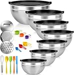 Menbyci 7 Bols de mélange de pièces avec des lids hermétiques, bols en acier inoxydable avec 14PCS Pièces jointes 3 Graters, Ustensiles de cuisine, Ensemble de bols en métal Idéal pour cuisiner Service de préparation au four