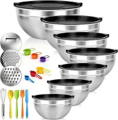 Menbyci 7 Piece Mixing Bowls with Airtight Lids, Stainless Steel Nesting Bowls with 14PCS Attachments, 3 Graters, Kitchen Utensils, Metal Bowls Set for Kitchen Cooking Baking Prepping Serving (Black)