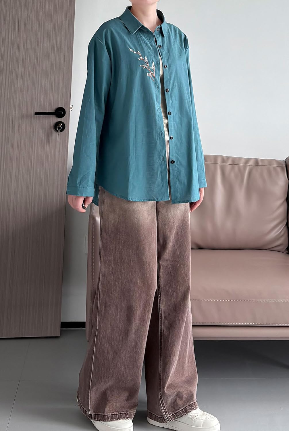 Minibee Women's Button Down Shirts Cotton Linen Long Sleeve Collared Casual Blouses Embroidered Tunic Tops - Image 4