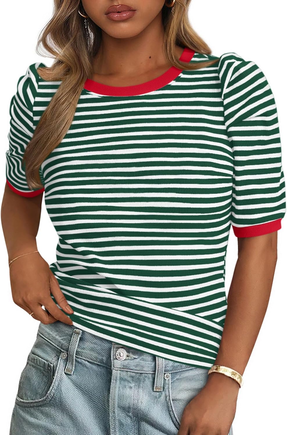 PRETTYGARDEN Womens Puff Short Sleeve Summer Tops 2026 Casual Ribbed Knit Work Basic Tees Crewneck Spring Striped T Shirts