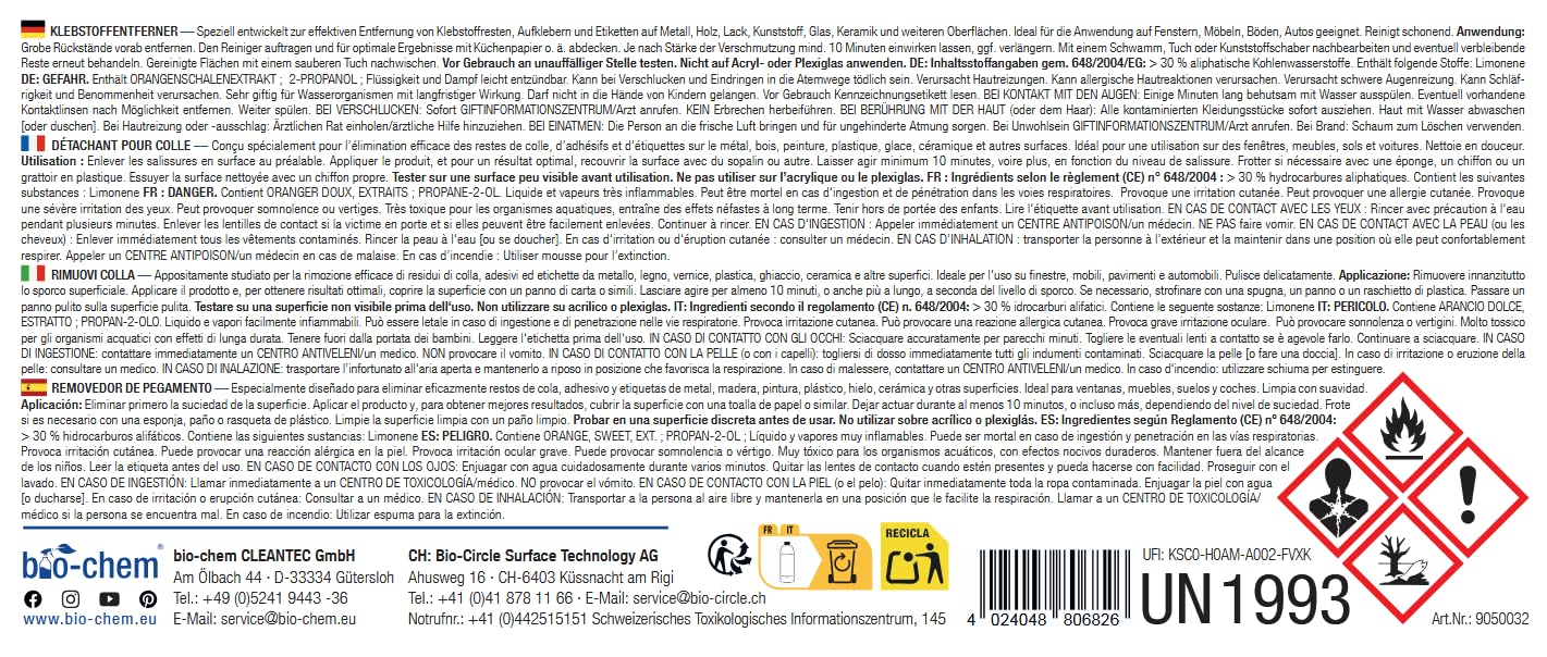 bio-chem - Dissolvant colle et adhesif 500ml - Alternative à l'acetone - Produit enlever colle autocollant - Décape résidus étiquettes, glue extra forte, uhu, loisir creatif - Grattoir inclus