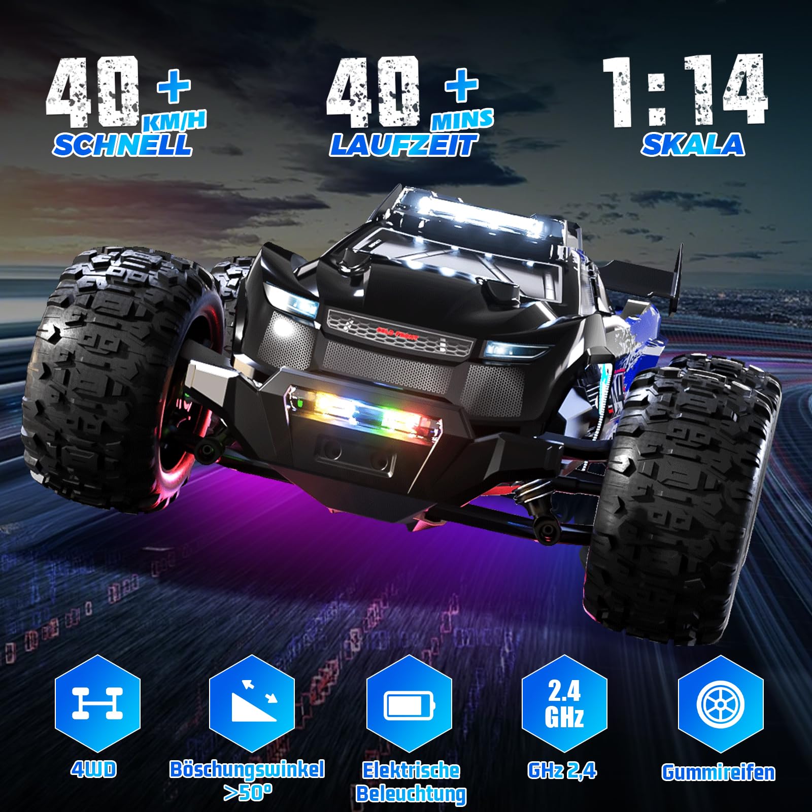 Samochód zdalnie sterowany 40 km/h, 1/14 RC samochód z 7 kolorowymi światłami, 2,4 GHz, pilot zdalnego sterowania z 2 bateriami 2000 mAh, 4 WD, monster truck zdalnie sterowany RTR All Terrain