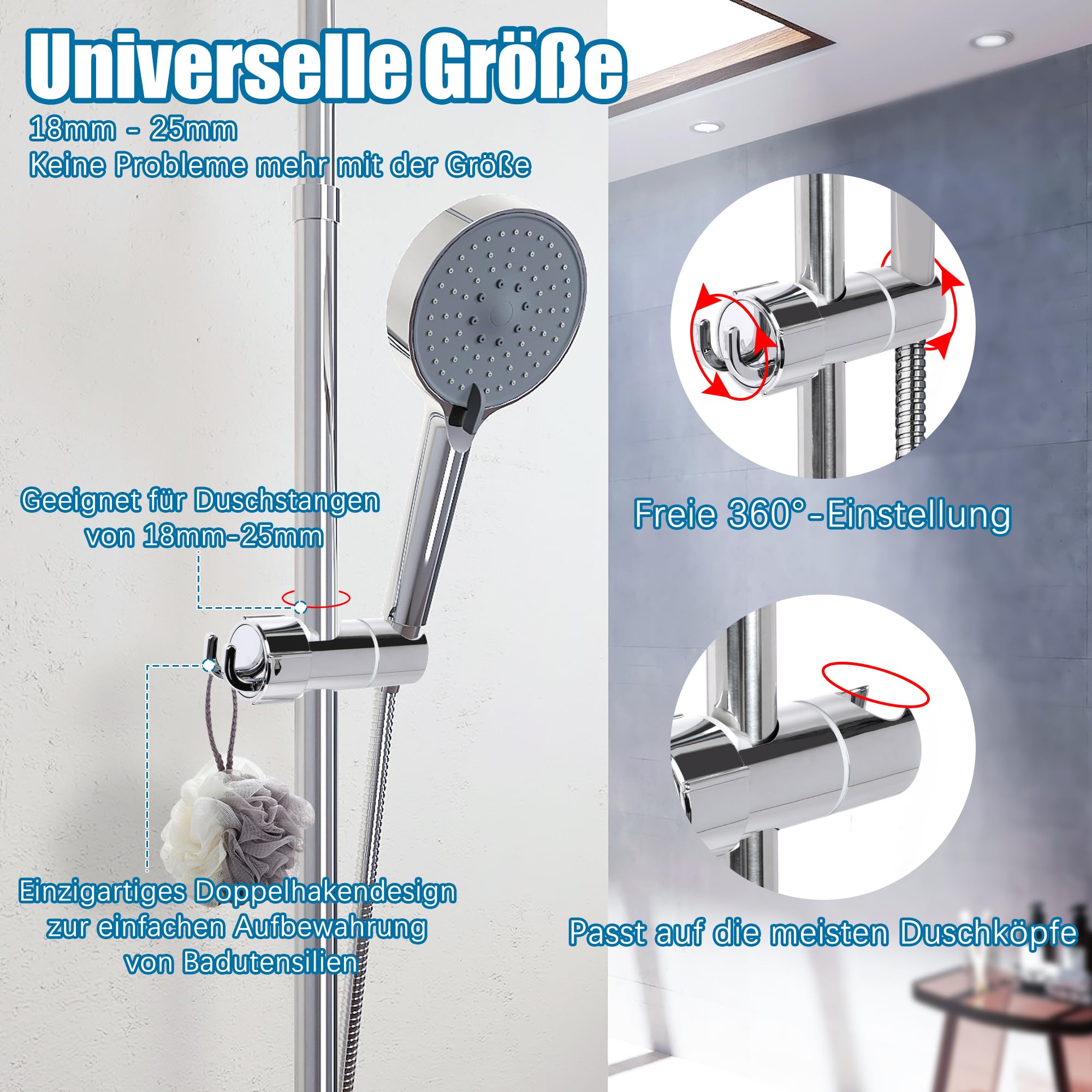 Douchehouder, houder voor douche, verstelbare handdouchehouder, douchekophouder, zonder boren, zilver, geschikt voor douchestangen met buitendiameter