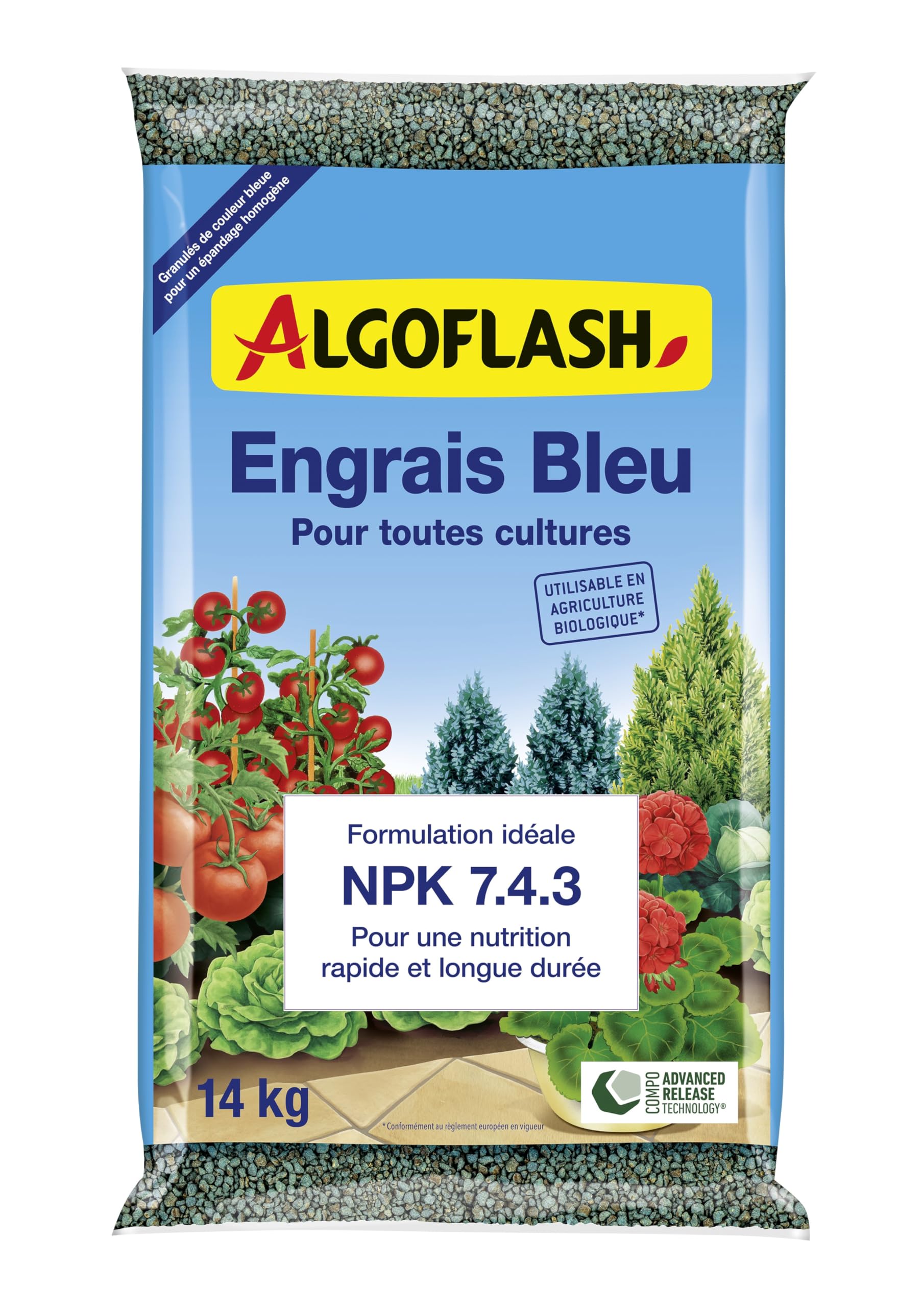 Algoflash Engrais Bleu Universel 100% Naturel, Grand Format, Utilisable en Agriculture Biologique - 14 Kg