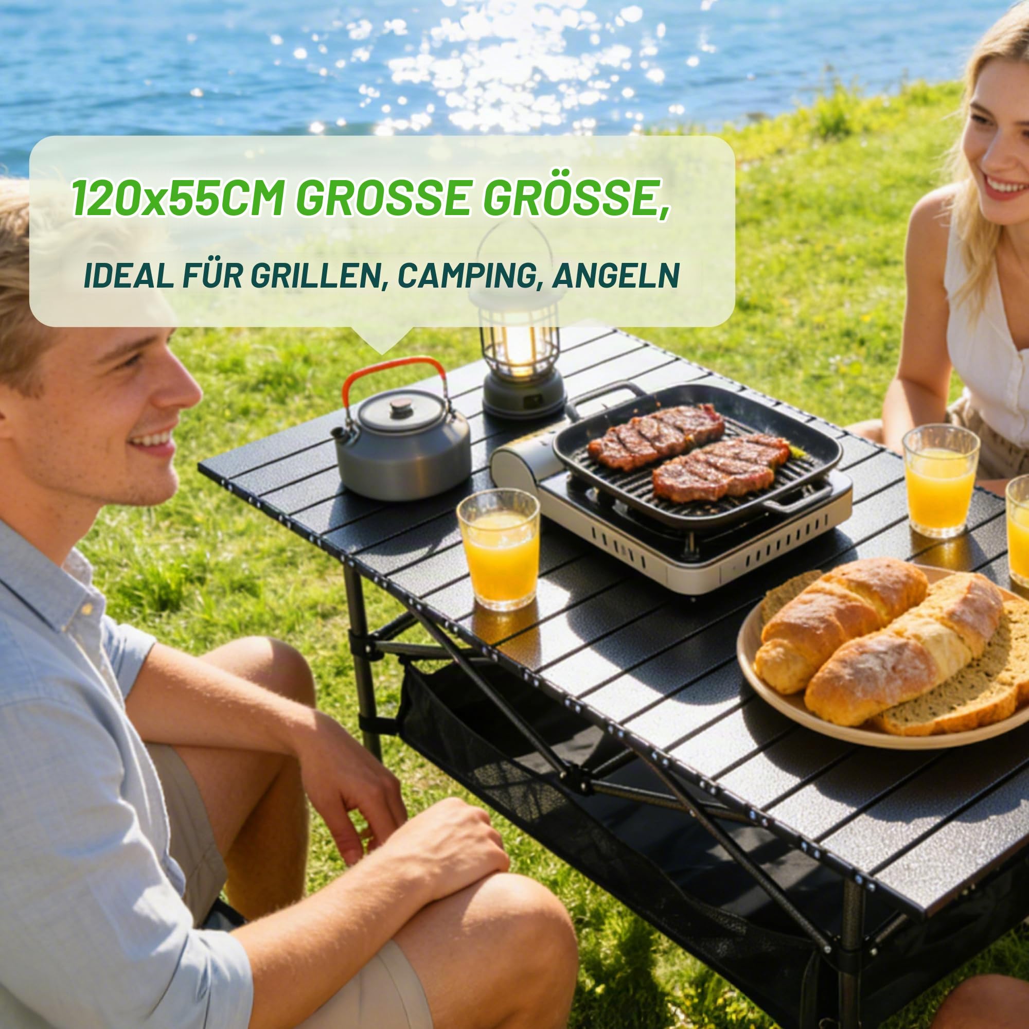 Großer Klapptisch Camping Höhenverstellbar, 120 x 55 cm Tragbarer Outdoor Picknicktisch mit Aufbewahrungsnetz & Tragetasche, Stabiler Rolltisch aus Carbonstahl für Camping, Grillen, Angeln