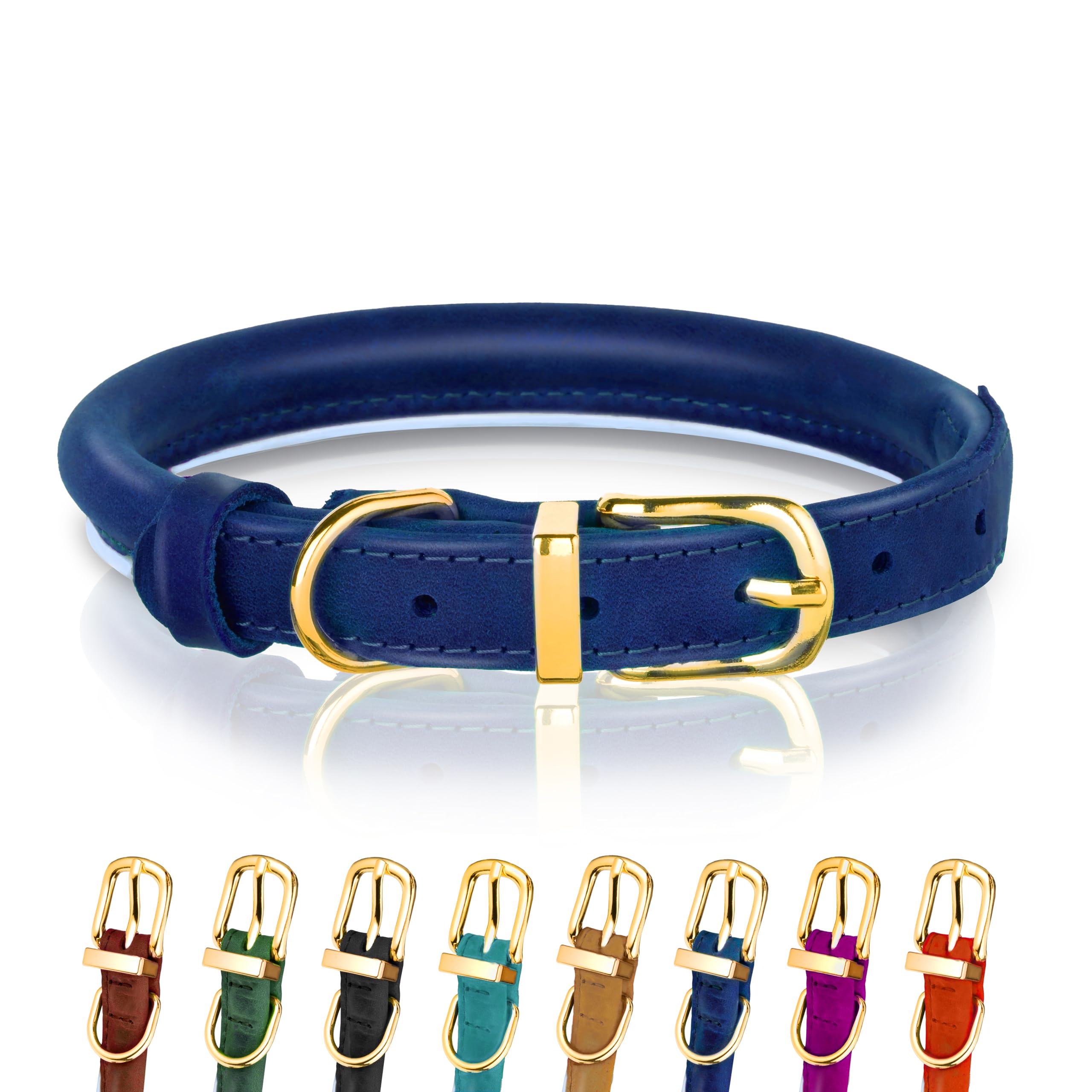 OOPSDOGGY Reflective Rolled Leather Dog Collar Adjustable Soft Padded Pet Collar for Small Medium Large Breed Dogs (Blue, S, 10"-13")