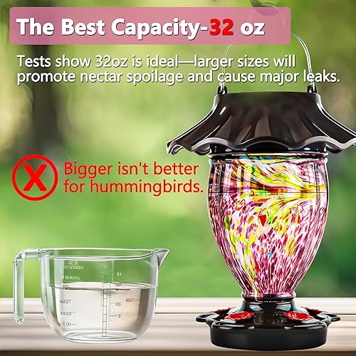 Miniatura 5 de LUJII Comedero solar para colibríes para colgar en el exterior, vidrio soplado a mano en forma de trofeo, resistente a la intemperie, linterna