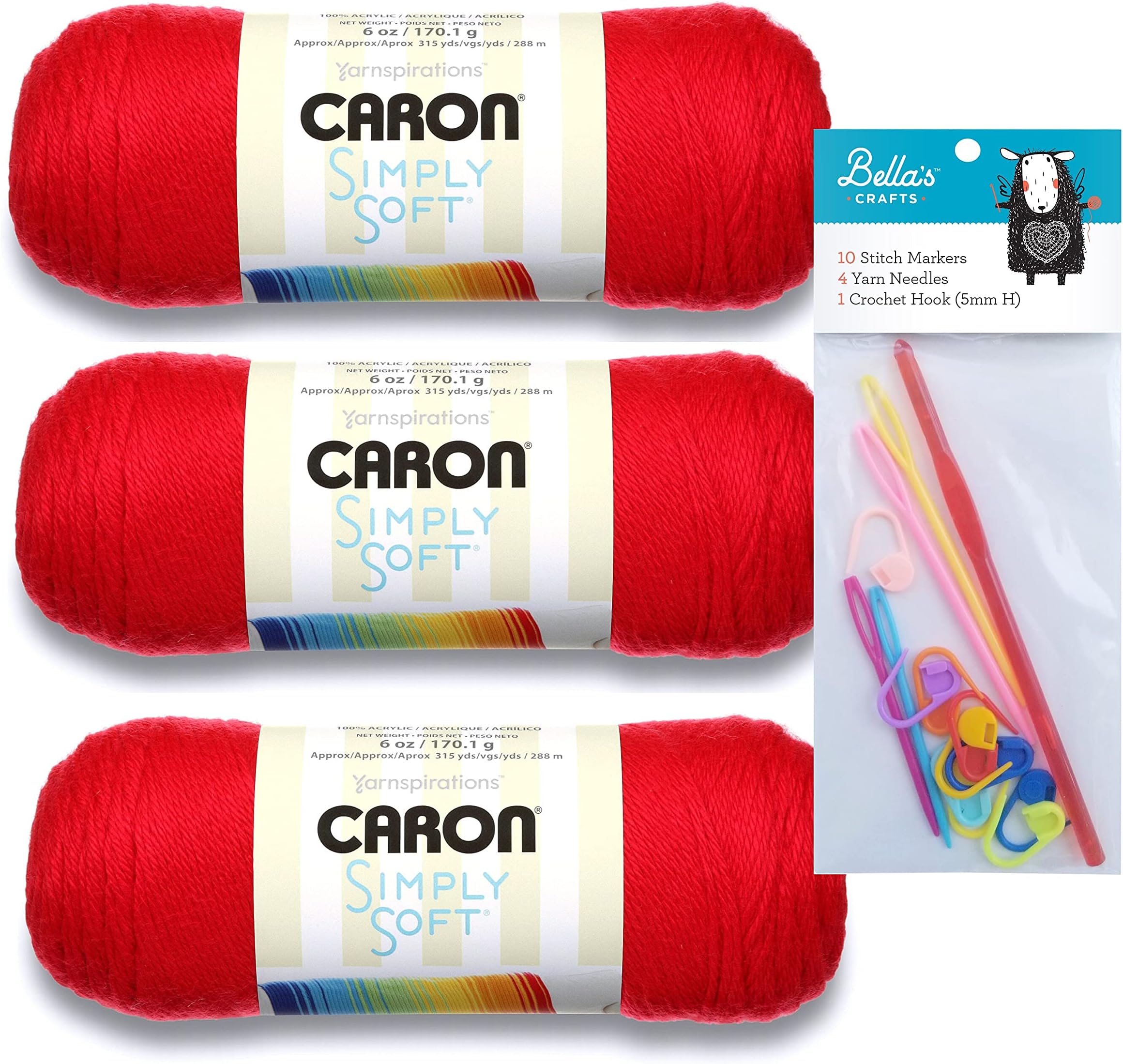 Caron Simply Soft Red 3-Pack Bundle with Bella's Crafts H/5mm Crochet Hook, 10 Stitch Markers and 4 Plastic Yarn Needles