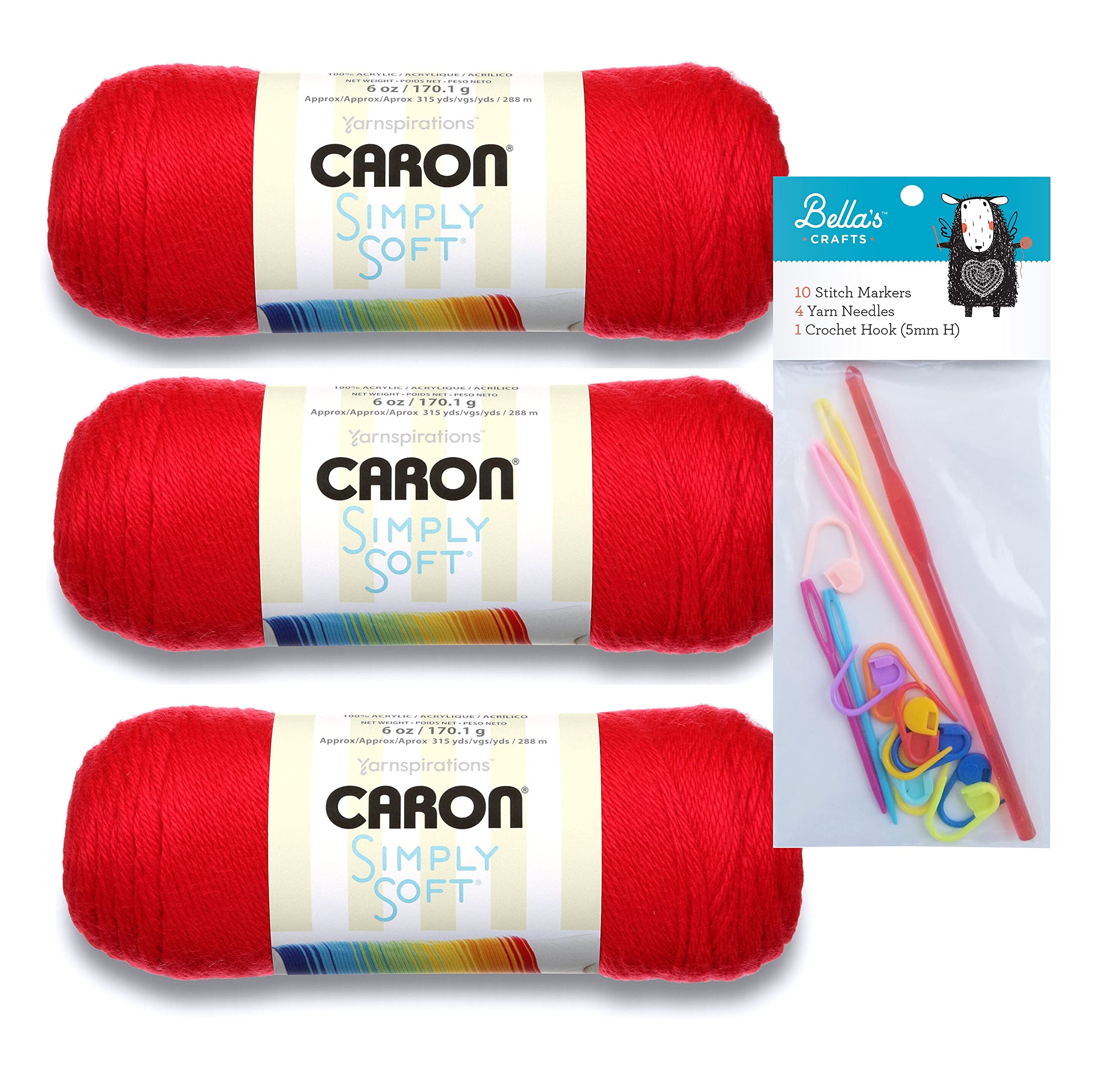 Caron Simply Soft Red 3-Pack Bundle with Bella's Crafts H/5mm Crochet Hook, 10 Stitch Markers and 4 Plastic Yarn Needles