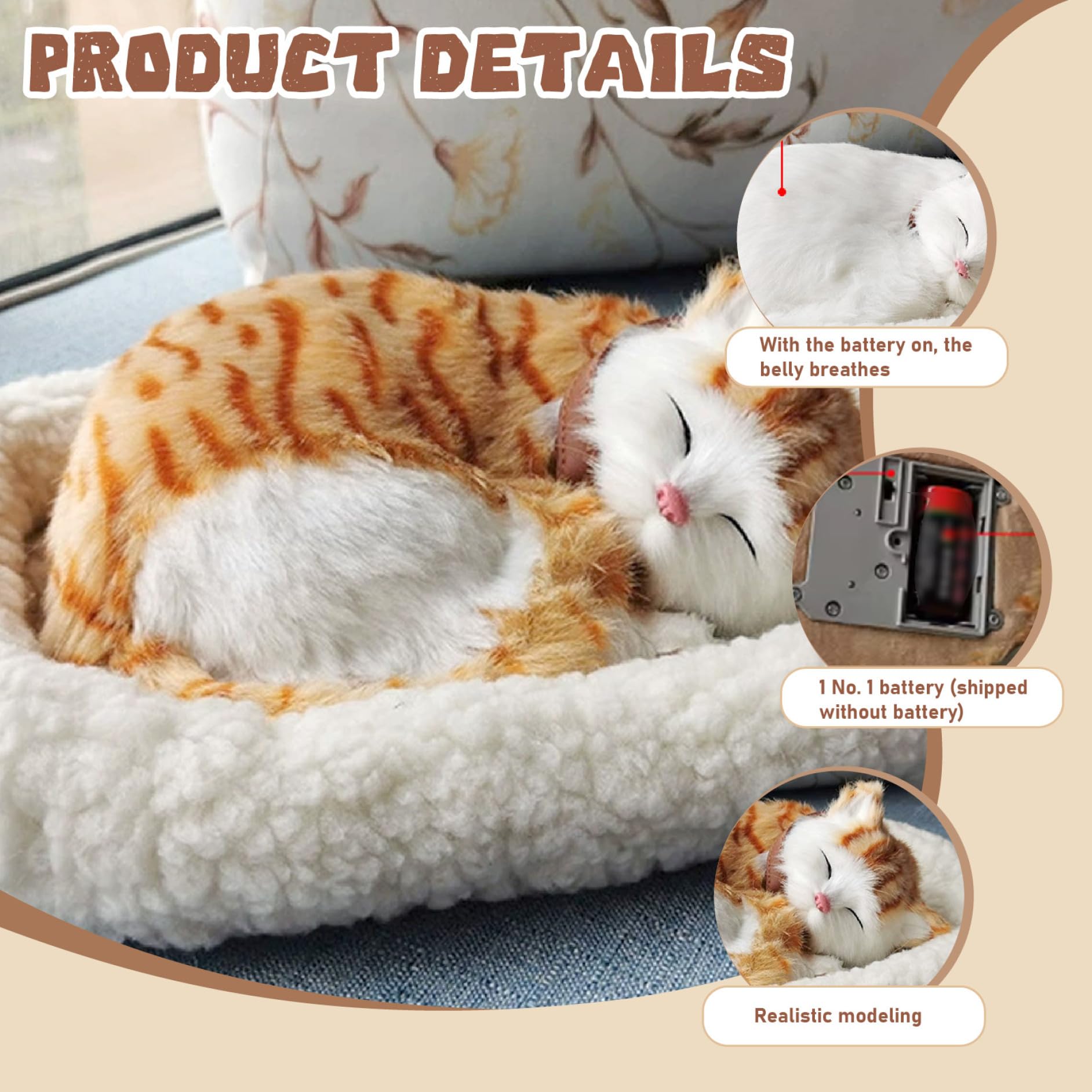 Gato De Peluche Que Respira – Movimiento Realista Y Suave, Ideal Para Dormir O Decorar El Escritorio (amarillo)