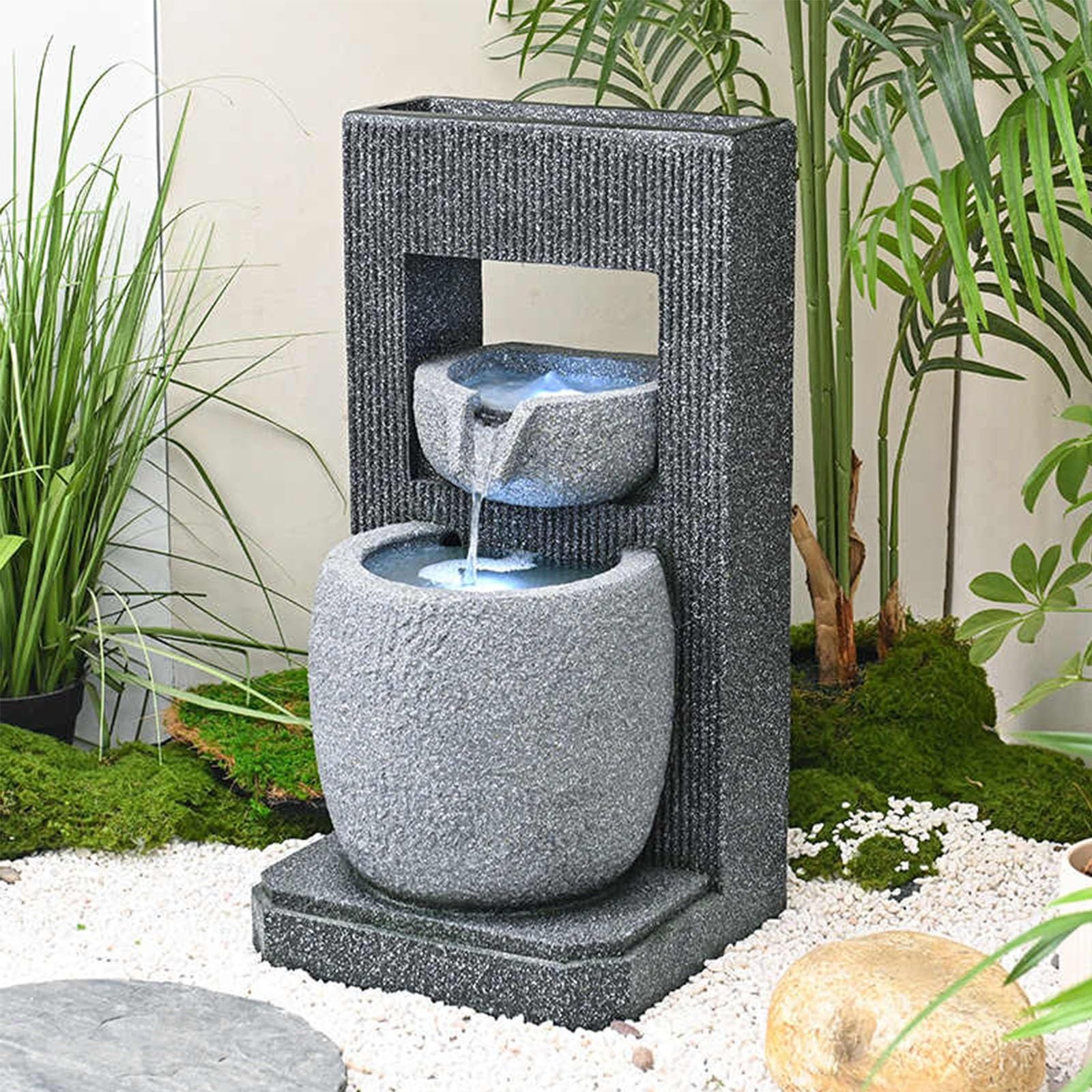 Zewnętrzna fontanna wodospadowa z oświetleniem LED, wolnostojąca żywica Zen Water Feature do ogrodu, na patio, podwórko