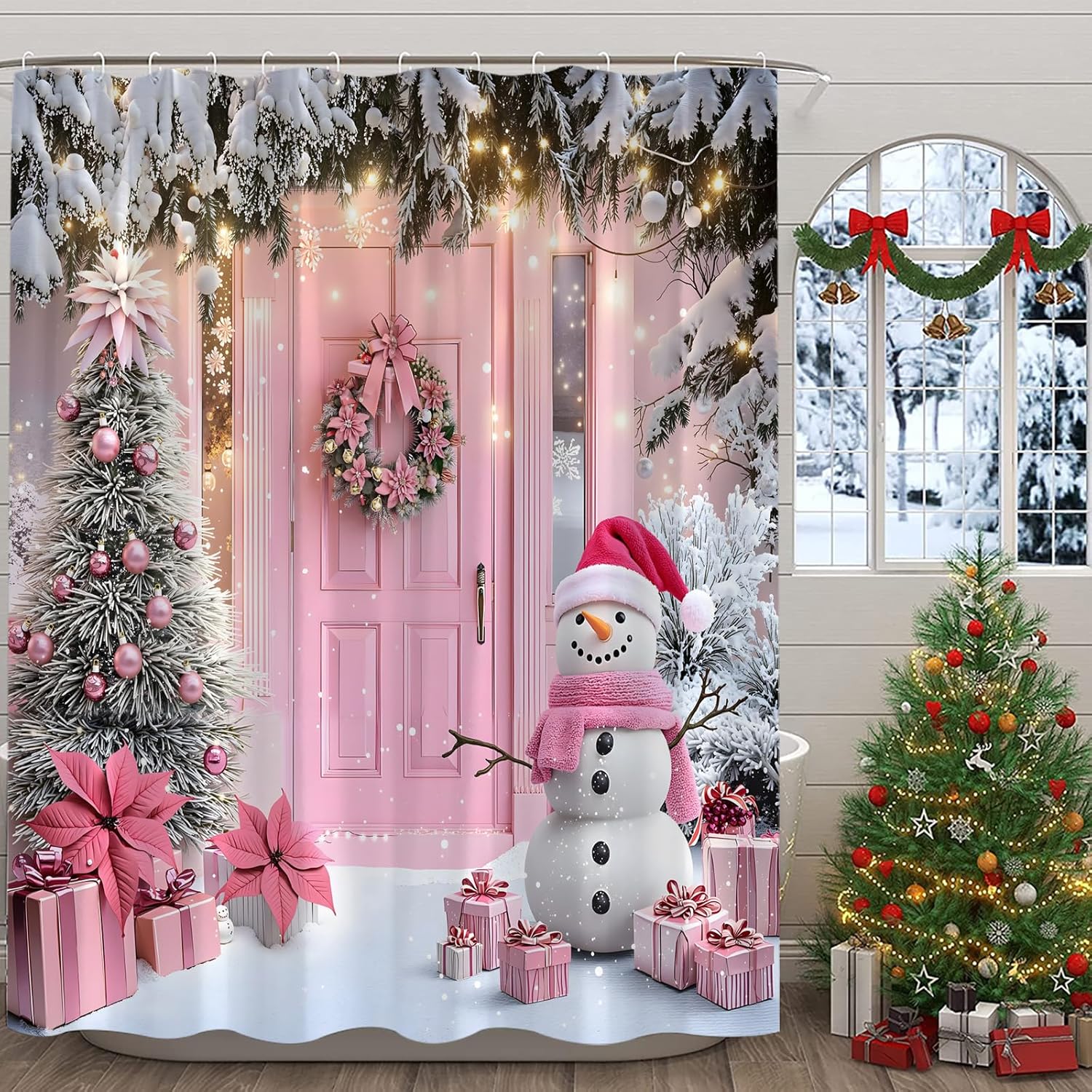 Christmas Shower Curtain Pink Snowman Green Xmas Tree Barn Door Snowflake Funny Rustic Farmhouse Winter Holiday 70" Wx96 H Bathroom Decor Curtain with Hooks