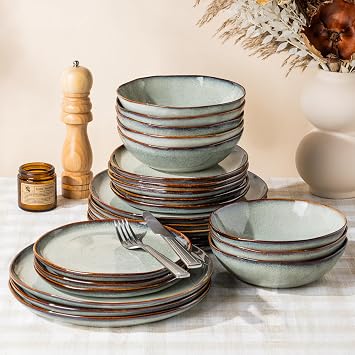 GBHOME Stoneware Dinnerware Sets for 8, 24 Pieces Rustic Earthenware Plates and Bowls Set, Handmade Reactive Glaze Ceramic Plate Sets, Chip Resistant Dishes, Microwave & Dishwasher Safe, Earthy Sage