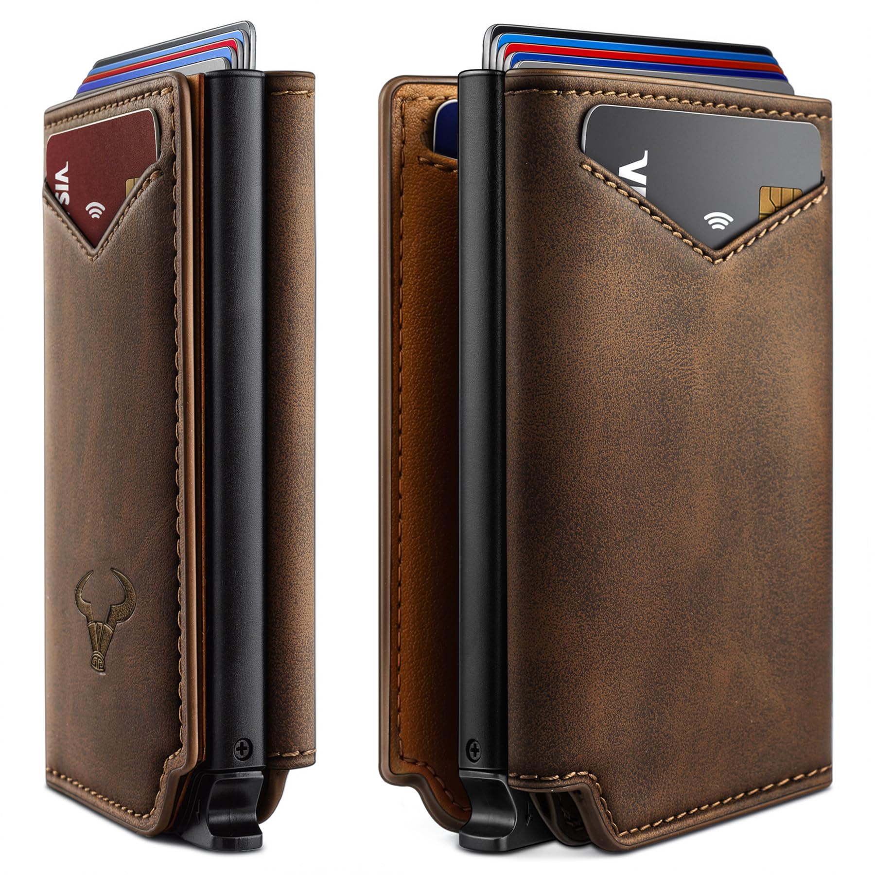 BULLIANT Men Slim Leather Wallet Metal Case Money Clip-Magnetic Closure