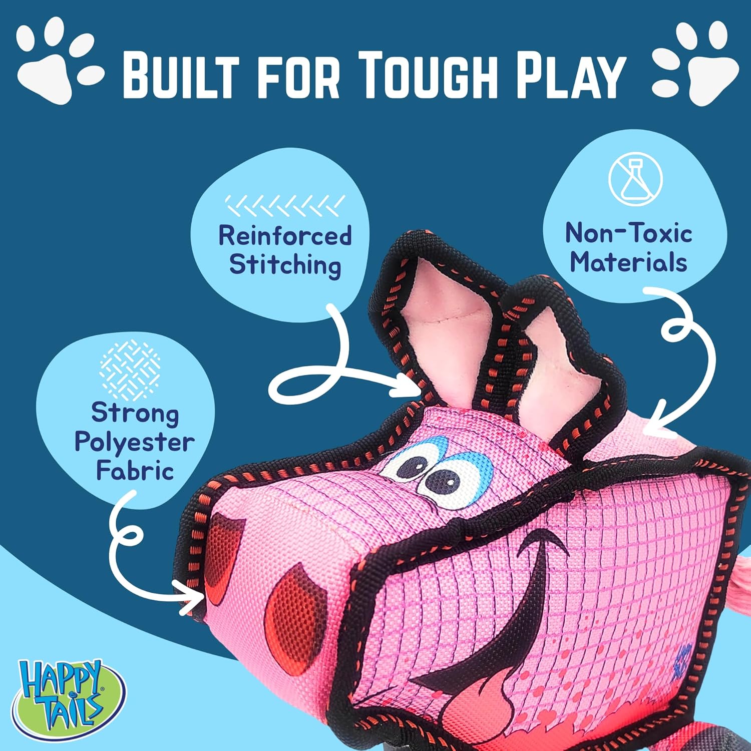 Happy Tails スクエアブタ犬おもちゃ 中型から大型犬用 - 丈夫なポリエステル、きしむ、補強ステッチ、インタラクティブなペ