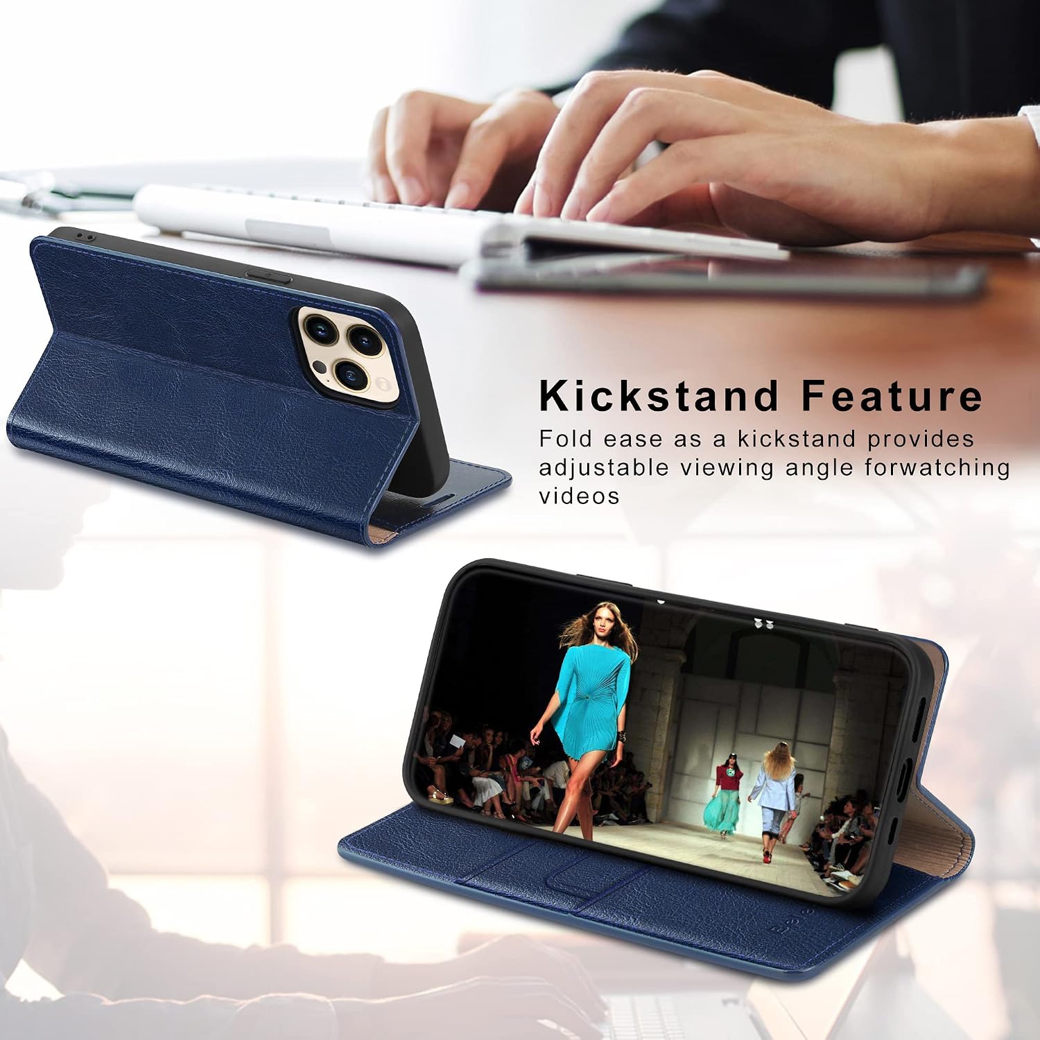Belemay Compatible with iPhone 15 Pro Case Wallet-Genuine Leather-RFID Blocking Card Holders-Shockproof TPU Shell-Kickstand-Durable Flip Folding Phone Cover Women Men (6.1-inch) Navy Blue