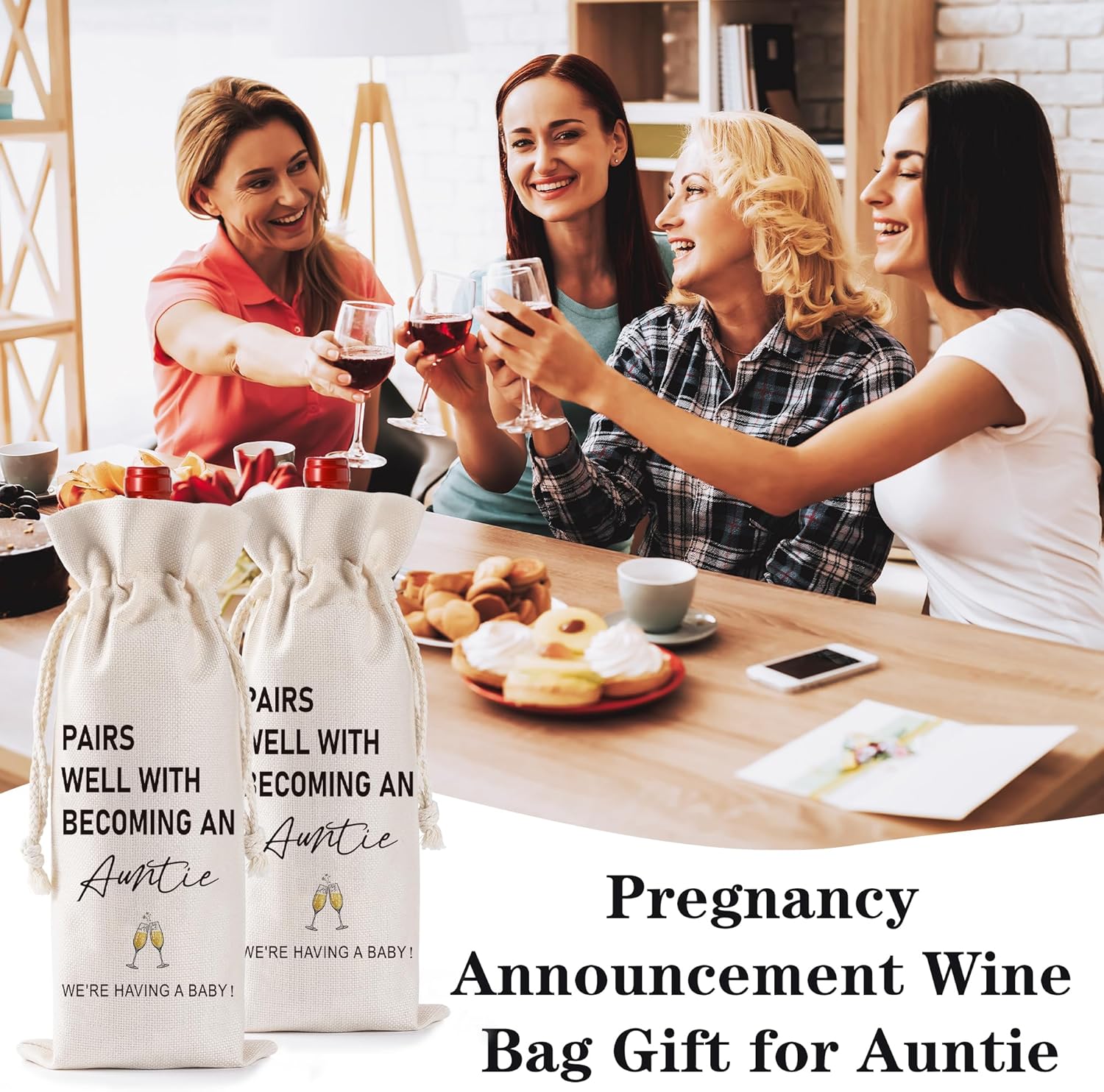 Pregnancy Announcement Wine Bag Gift - Funny New Mom Dad Pregnancy Reveal Gifts for Becoming an Auntie, Double Sided Reusable Burlap Drawstring Wine Bag for New Baby Announcement Baby Shower - Image 6