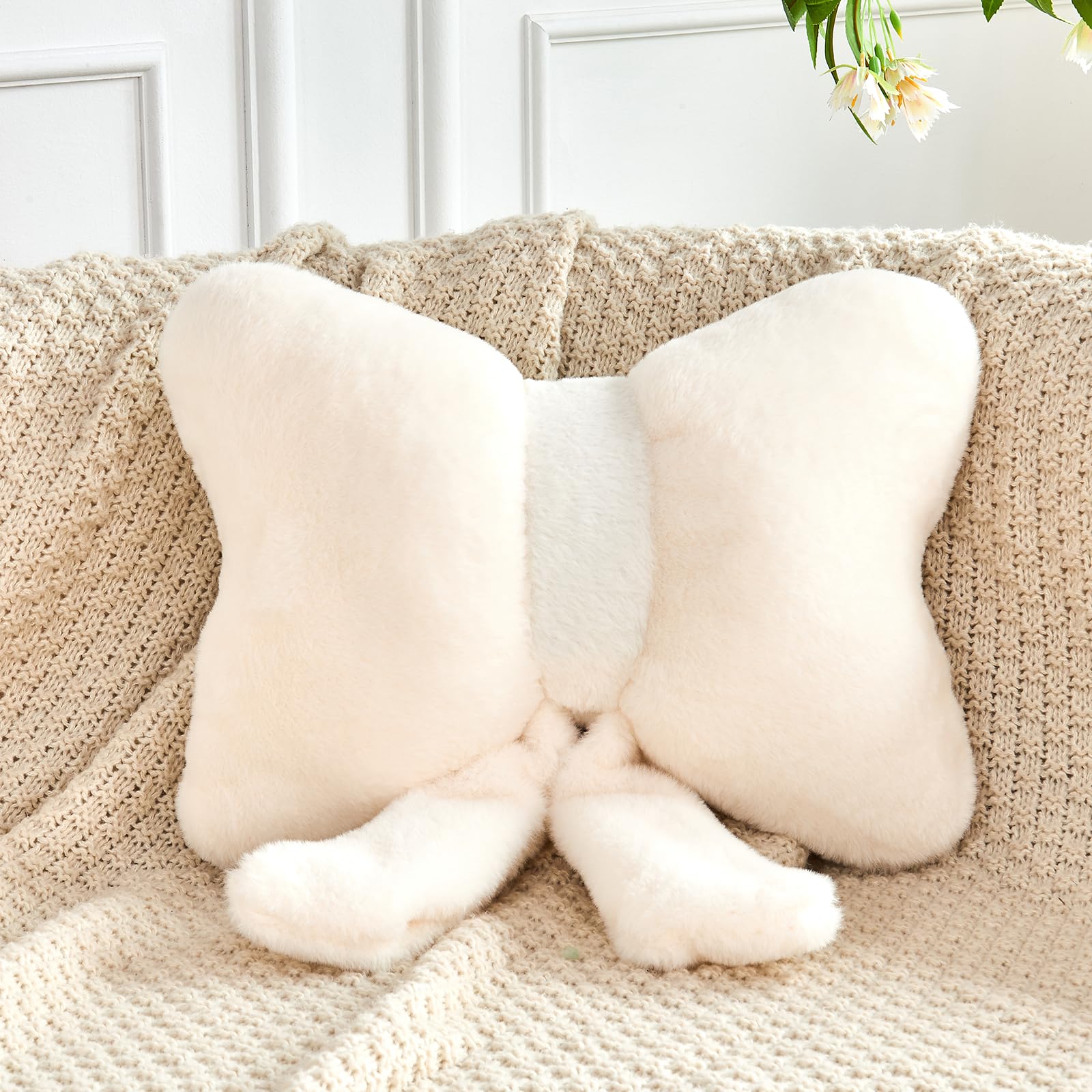 XVTRU Ivory Bow Pillow, Soft Bow Decorative Pillows with Faux Rabbit Fur, Cute 16" Bow Throw Pillows, Aesthetic Home Decor Bow Shaped Plush Pillow for Bedroom Sofa Couch