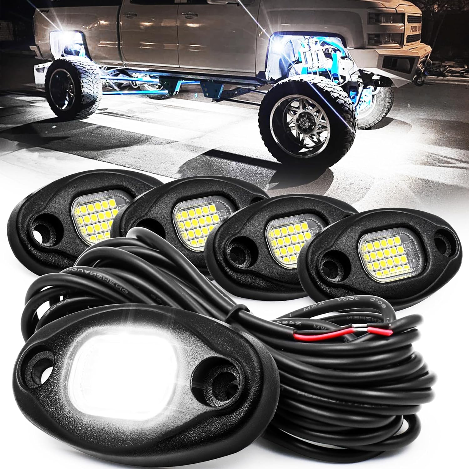 Rock Lights for Trucks & Off-Road Vehicles - 15ft Cables, IP68 Waterproof, Aircraft Aluminum, 6000K Pure White Lights Universal Fit for Jeep, RV, UTV, ATV, Boat, Tractor