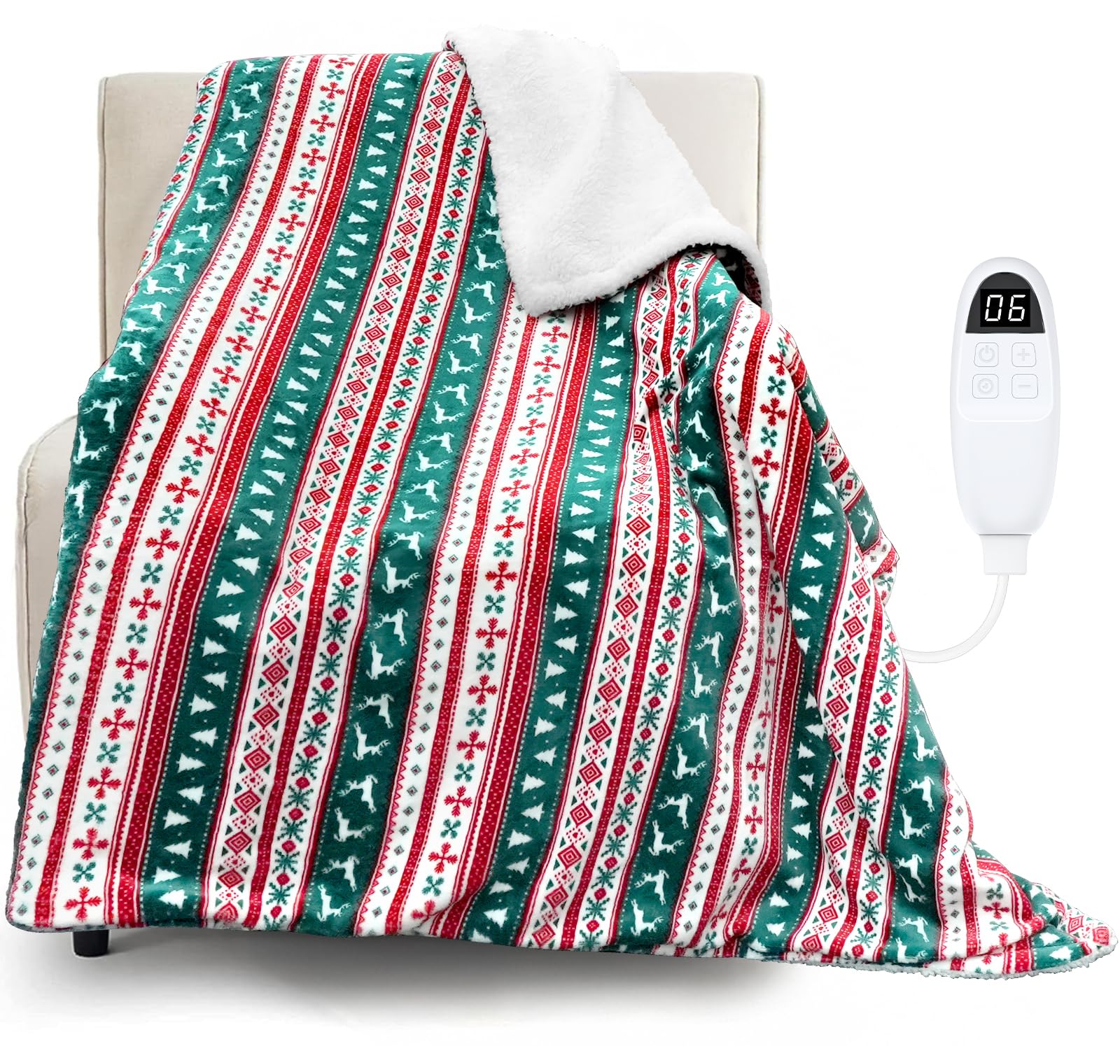 anysun Electric Blanket, Heated Blanket 200 x 150cm, Warmth Electric Blanket Double, 6 Heat Levels, 10 Hours Timer Auto Off, Christmas Reindeer Snowflake Tree Electric Throw For Bed, Machine Washable