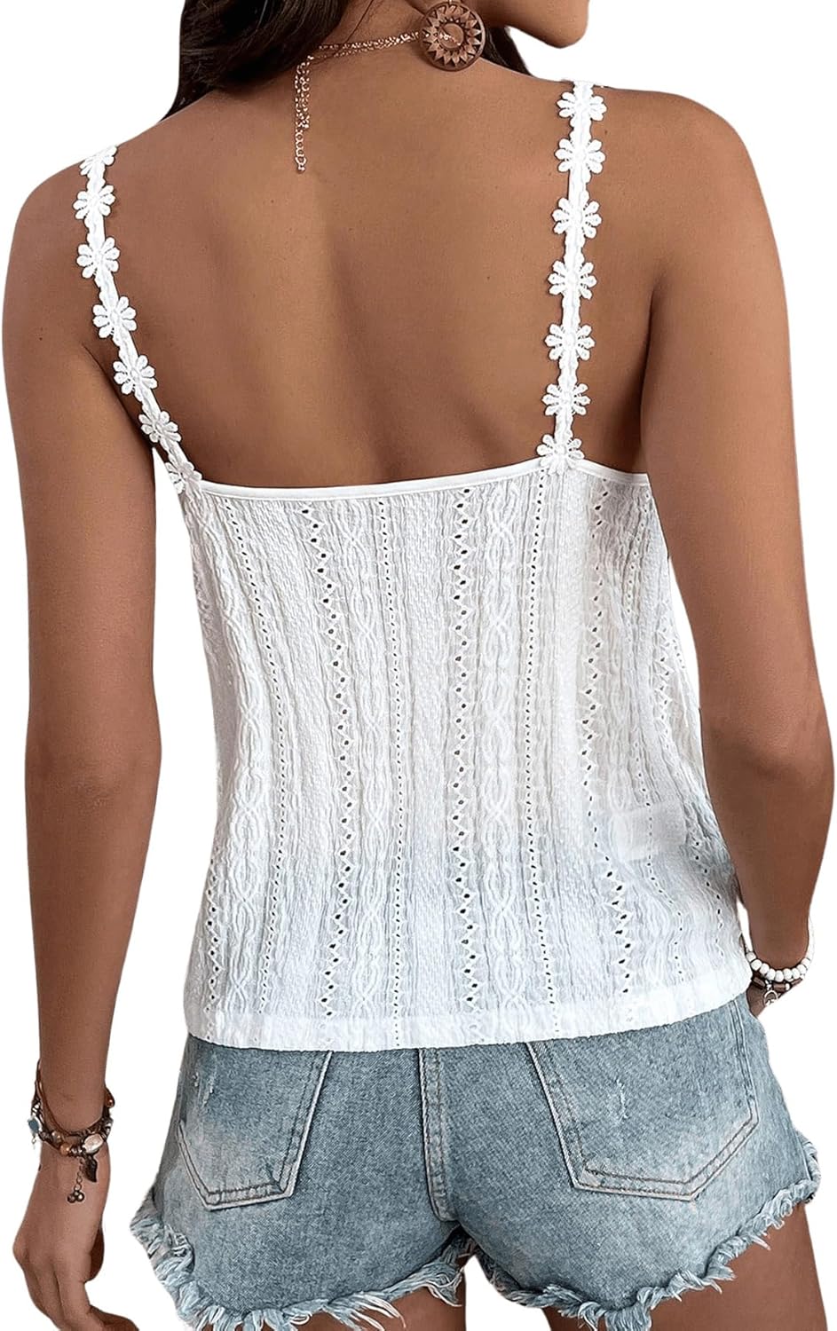 SweatyRocks Women's V Neck 3D Floral Spaghetti Strap Cami Top Sleeveless Eyelet Embroidery Tank Top - Image 2
