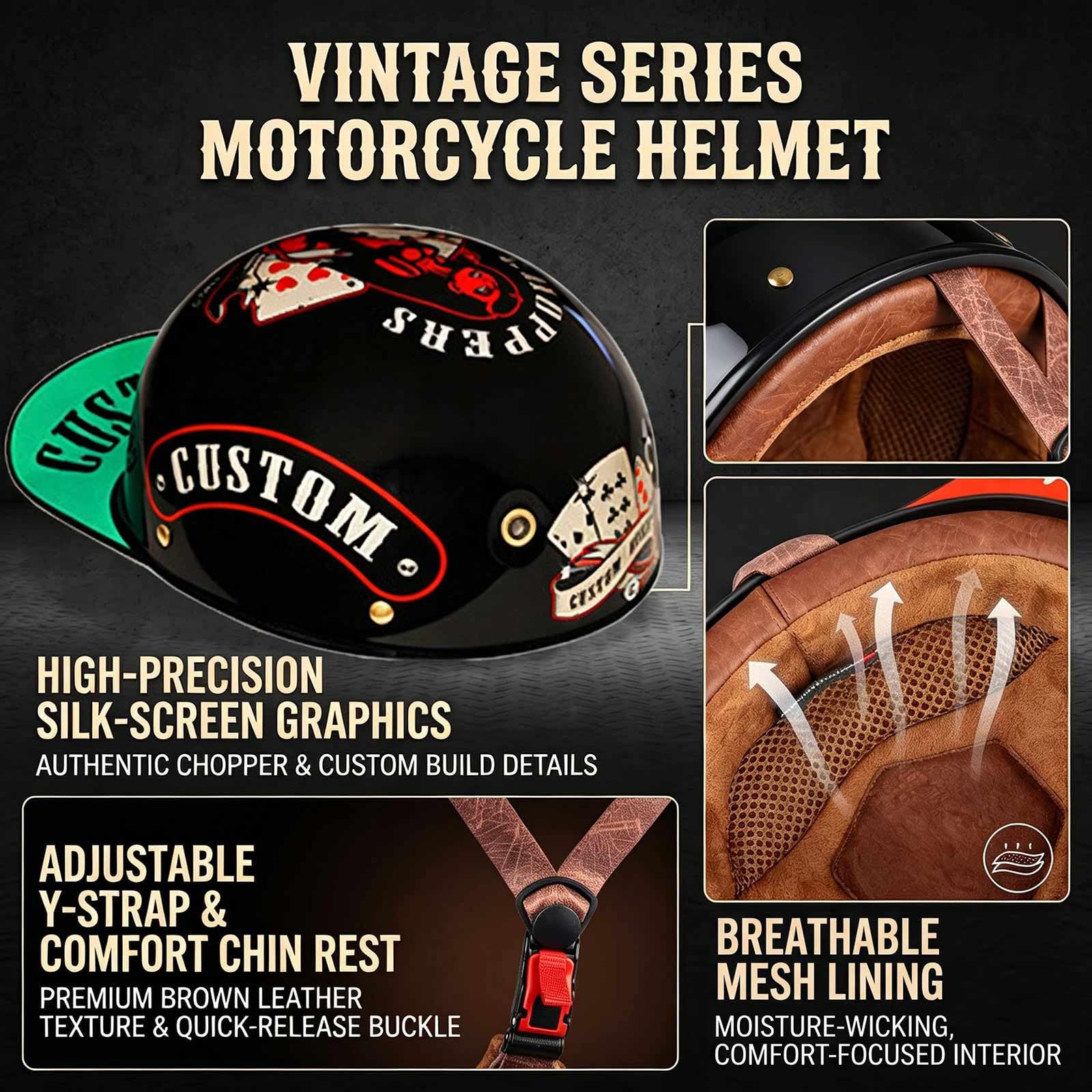 Retro kask motocyklowy styl czapki z daszkiem, ECE 22.06 zatwierdzony, lekka powłoka ABS z wentylacją, oddychająca podszewka, unisex na drogę miejską i wiejską, M-2XL (57-64 cm)