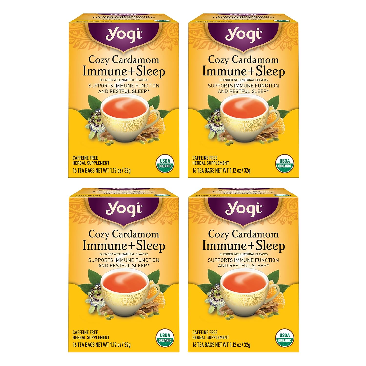 Yogi Tea Cozy Cardamom Immune & Sleep – Organic Herbal Tea for Immune System & Sleep Support – Includes Ashwagandha, Passionflower, Reishi & More – Caffeine-Free – 16 Tea Bags Per Pack (4 Packs) Yogi Tea Cozy Cardamom Immune & Sleep – Organic Herbal Tea for Immune System & Sleep Support – Includes Ashwagandha, Passionflower, Reishi & More – Caffeine-Free – 16 Tea Bags Per Pack (4 Packs)