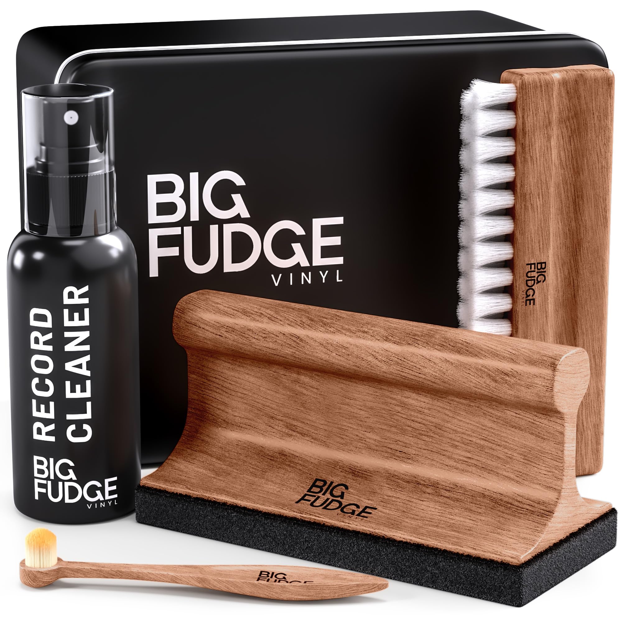 Big Fudge Vinyl Record Cleaning Kit - Collector's Edition - 100% Sapele Wood Vinyl Accessories - Velvet Vinyl Record Cleaner, Anti-Static Vinyl Brush,
