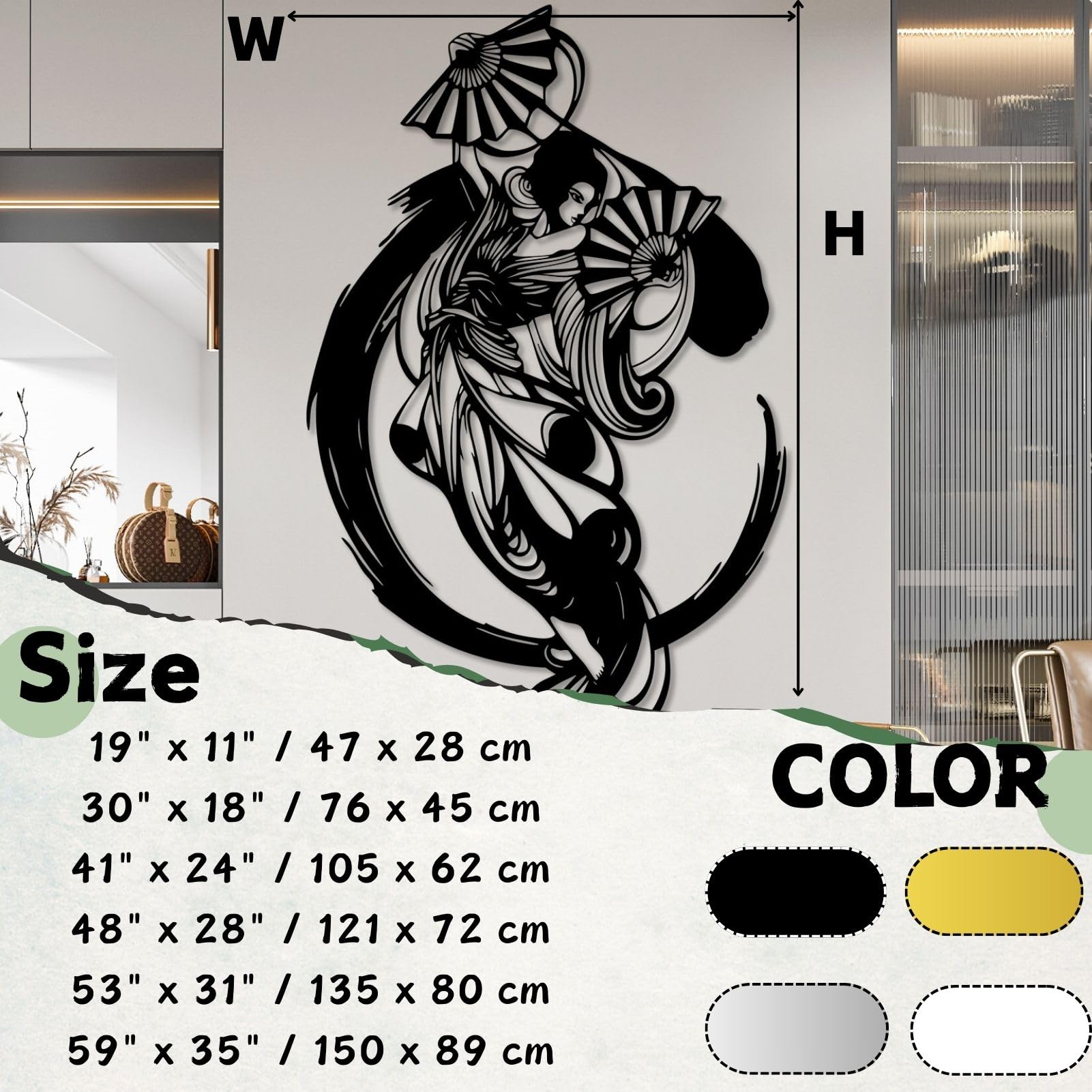Gran Cuadro Abstracto de Metal con diseño de Mujer samurái, decoración Japonesa para Mujeres y Abanico para Sala de Estar o Dormitorio (Blanco, 105 x 62 cm).