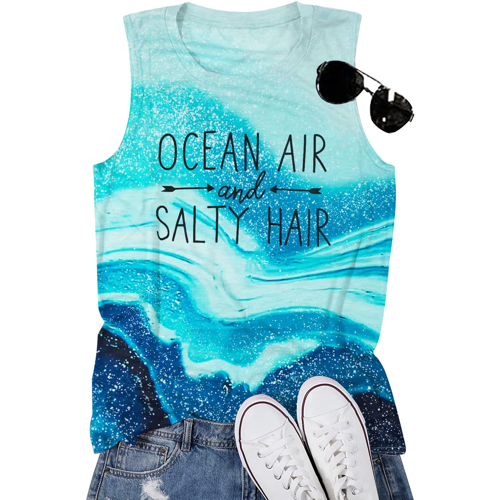 BANGELY Beach Tanks Women Beach Shirts Ocean Air and Salty Hair Tank Funny Cruise Summer Sleeveless Family Vacation Vest Top